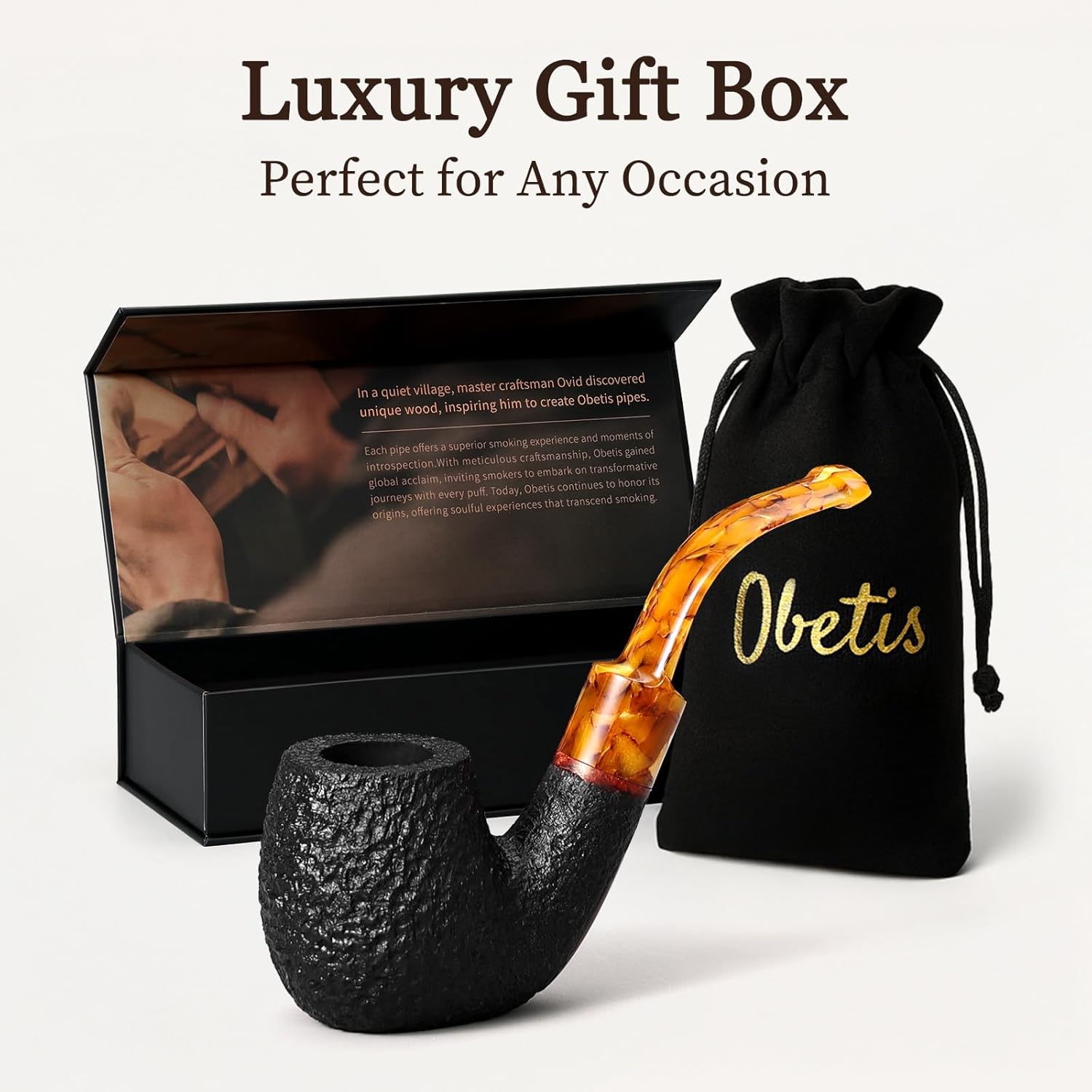 Briar Tobacco Pipe Rustic Finish - Handmade Calabash Flat Base Wood Pipe with Amber Stem - Vintage Style Collectible Gift for Men Smoker with Gift Box & Pouch
