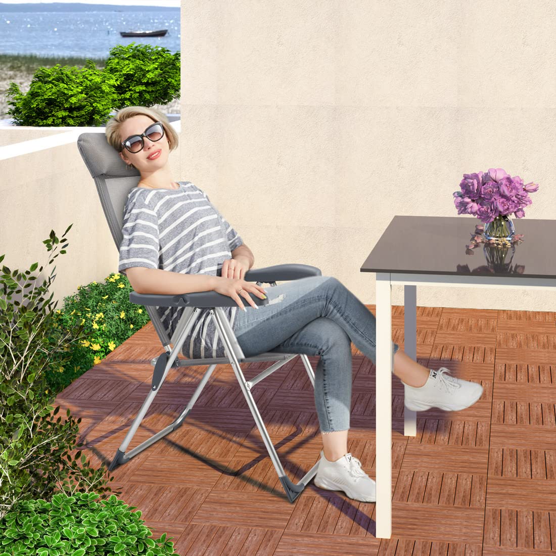 Casaria® Lot de 2 Chaises de Jardin Pliantes en Aluminium Gris - Dossier Réglable 6 Positions avec Accoudoirs, Chaises Extérieur pour Terrasse, Balcon, Camping, Plage & Piscine