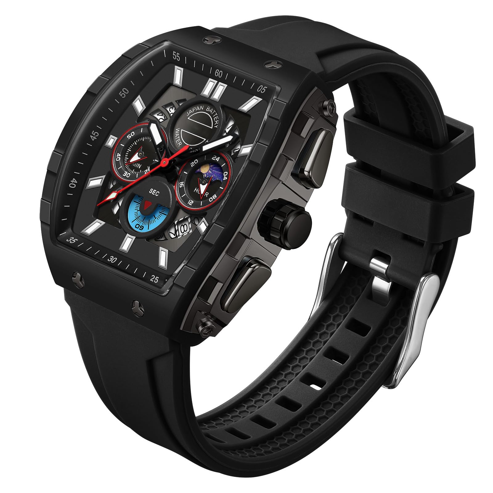 Armbanduhr, großes Display, rechteckig, für Herren, Militär, Taktik, Sport, Analog, Quarz, großes Zifferblatt, 5 ATM, Alarm, Hintergrundbeleuchtung, wasserdicht, Armband atmungsaktiv und komfortabel