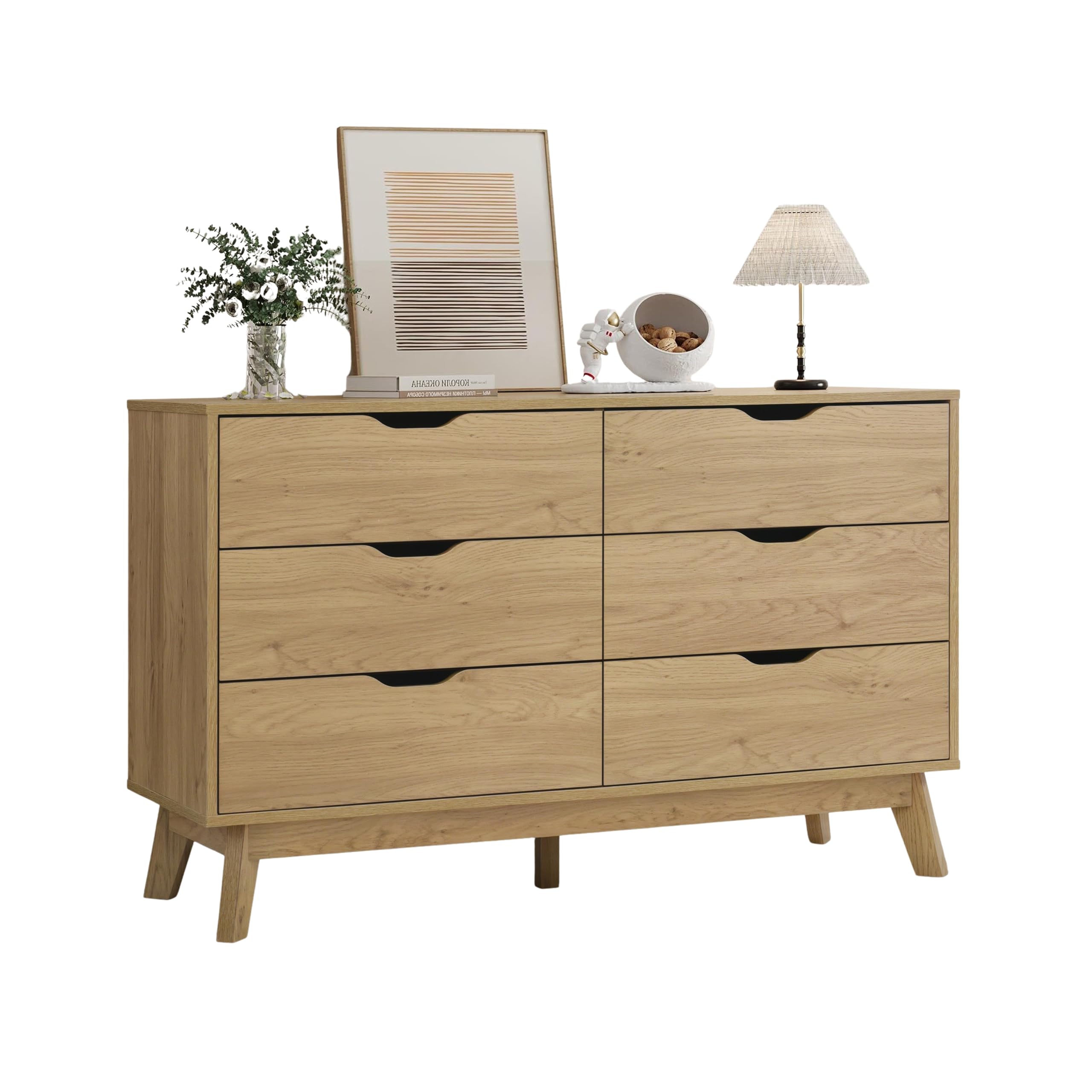 ELISA HOME Nordica 6 Drawer Dresser for Bedroom, 47.3? W Modern Wide Chest of Drawers, Wood Storage Organizer for Clothes, Entryway, Nursery or Living Room, Oak