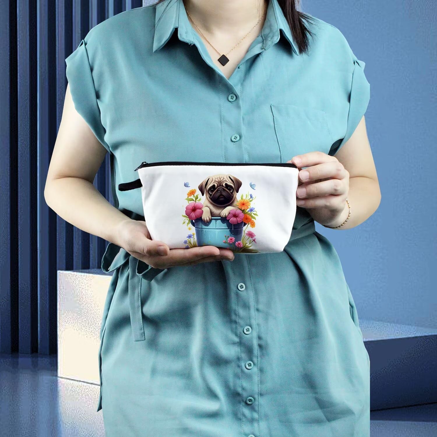 Floral Pug Makeup Bag Cute Small Organizer Zipper Pouch Floral Pug Cosmetic Bag Birthday Present for Women Friends -1 - Image 6