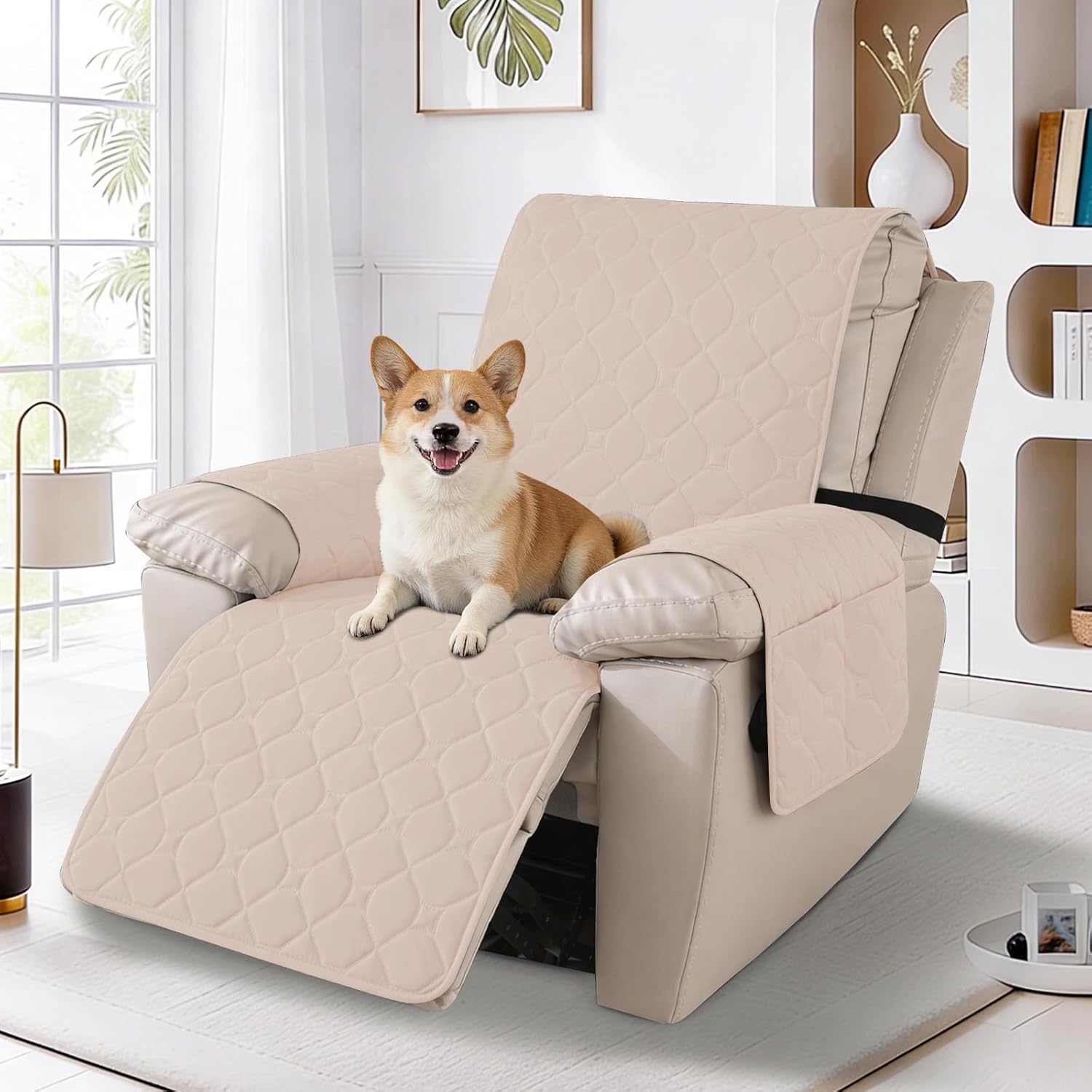 100% Waterproof Recliner Chair Covers, Recliner Cover Stay in Place, Chair Covers for Recliners, Recliner Covers Washable with Pocket, Elastic Straps for Pets, Dogs and Kids (Beige, 23")