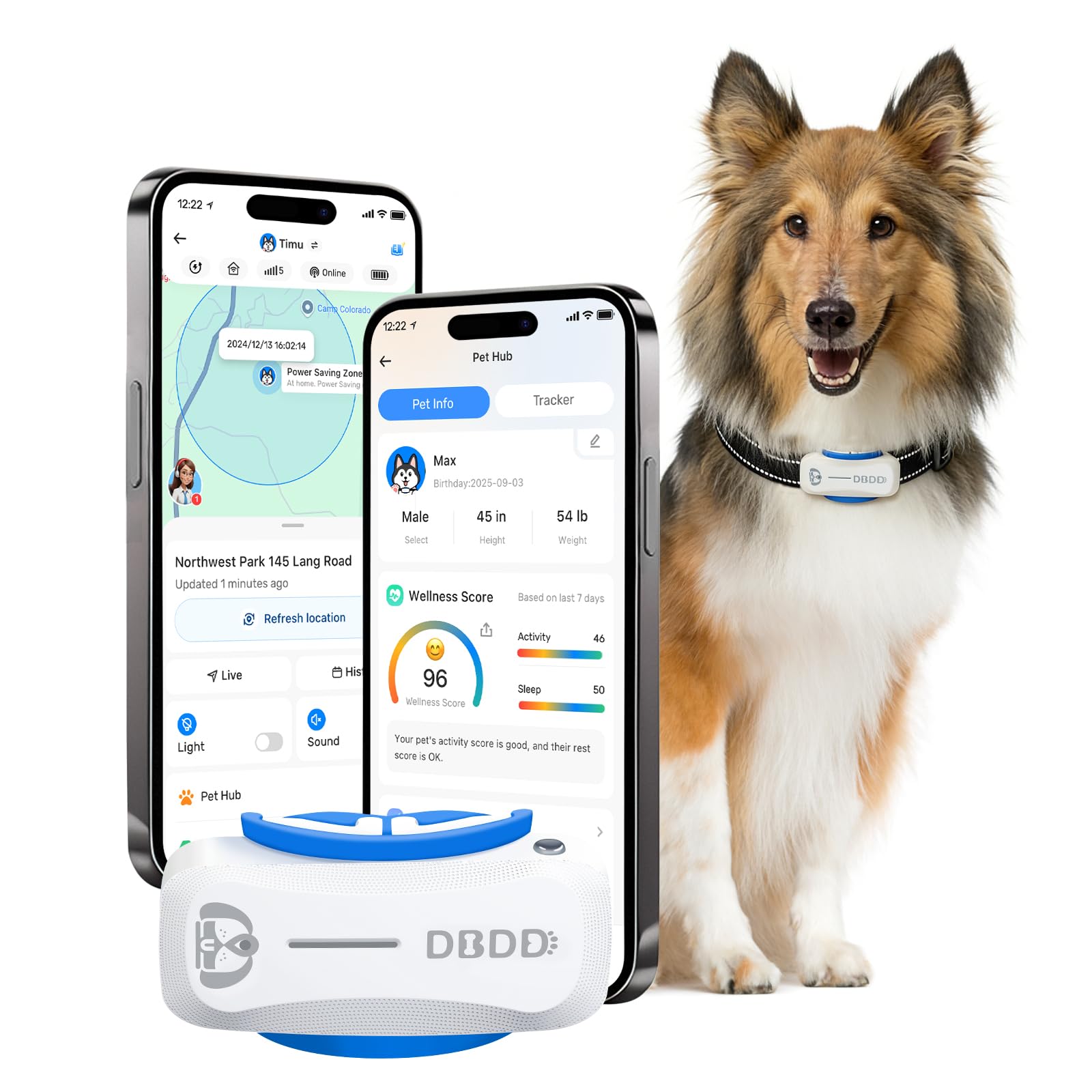 DBDD Smart GPS Dog Collar Tracker con recinto virtuale, monitoraggio live e segni vitali, per cani fino a 18 kg, impermeabile, per cani da 18 kg in su, compatibile con iOS e Android (bianco)
