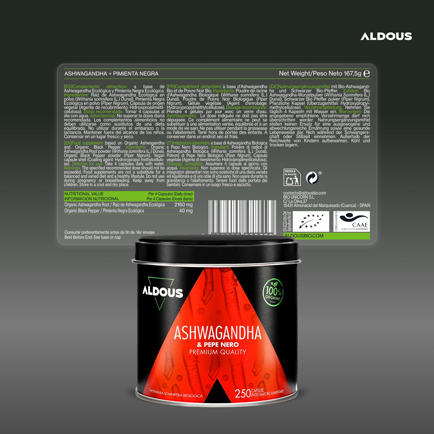 Ashwagandha Bio 2160 mg - 250 Capsule Vegetali - Radice di Ashwagandha con Pepe Nero - Ashwagandha Alto Dosaggio - Withania Somnifera - Ginseng Indiano - Cortisolo - Integratore Ansia e Stress-ALDOUS