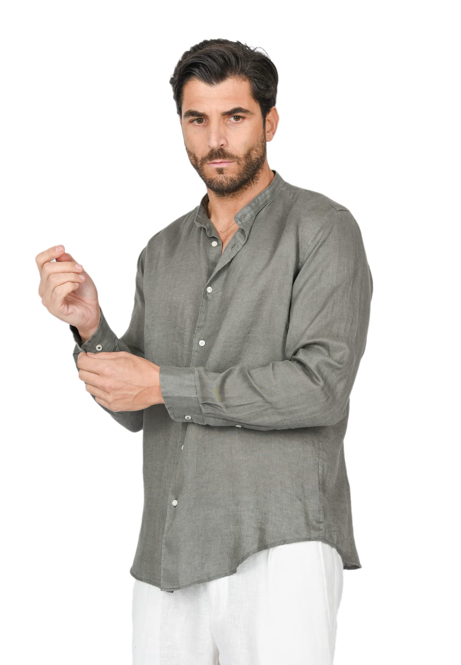 Camisa De Hombre Elegante Slim Fit Cuello Coreano 100% Lino Camisas Casual Manga Larga