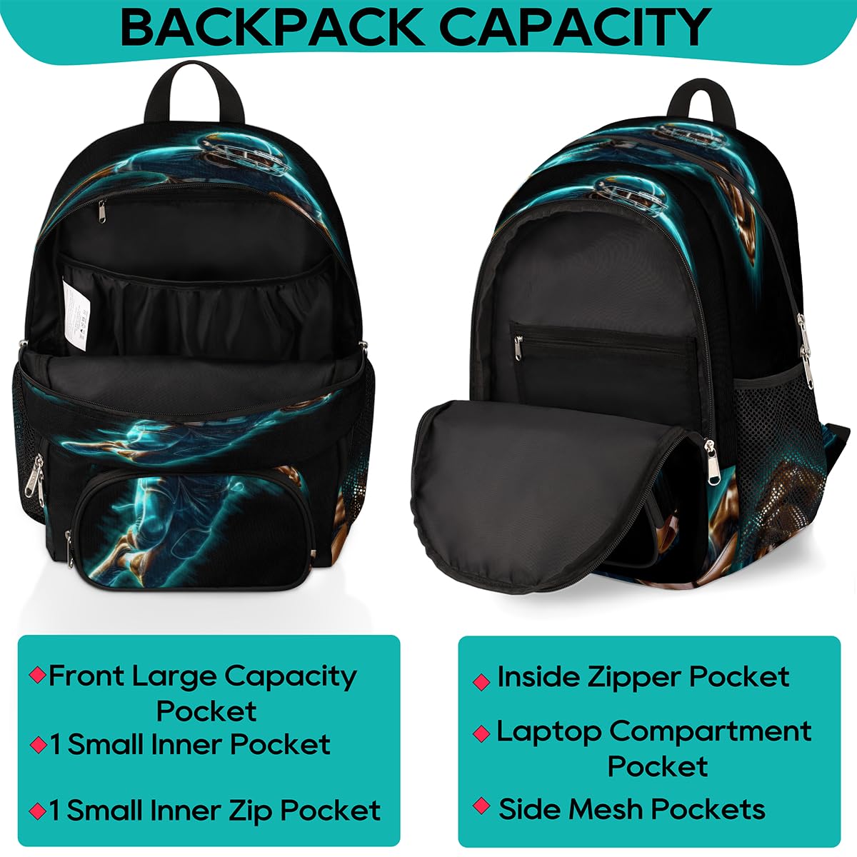 TropicalLife Plecak piłkarski 3D, wielofunkcyjny plecak dla dzieci, dziewcząt, chłopców, mężczyzn, kobiet, unisex, 18,4 l, plecak szkolny, torba na książki, na co dzień, na laptopa, torba na co dzień,