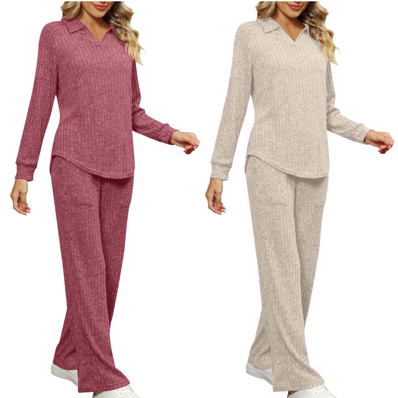 ladies lounge wear sets tracksuit womens full set ribbed knit tracksuit sets trun down collar long sleeve sweatshirt and wide leg trousers with pockets 2 piece outfits co ord