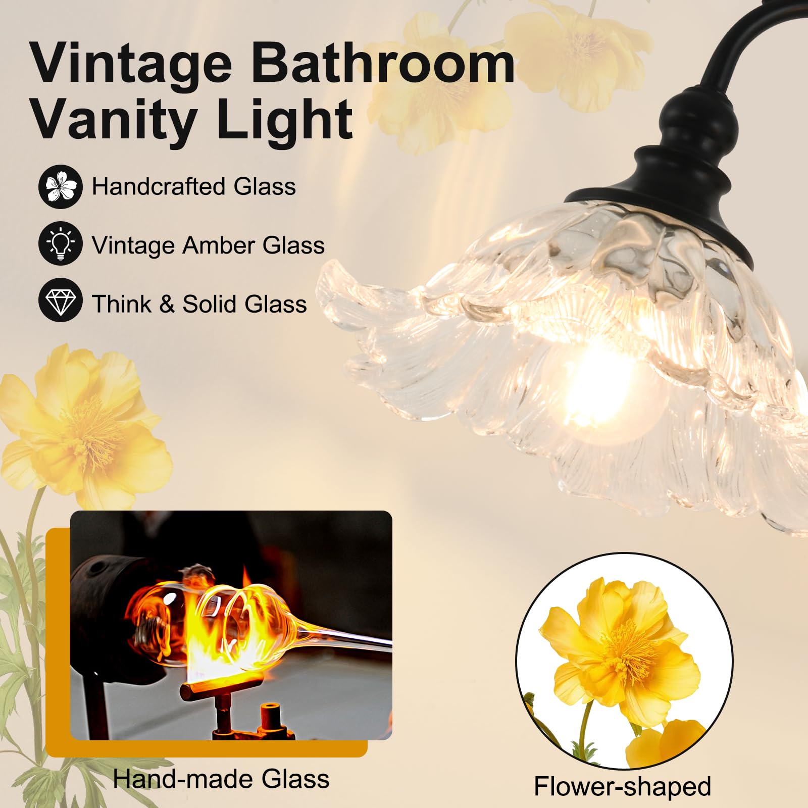 Vintage-Badezimmerleuchte, 3-flammig, antikes mattschwarzes Finish mit klaren blumenförmigen Glasschirmen, E26-Sockel, 64 cm (25,2 Zoll) Waschtischleuchte, Badezimmer-Beleuchtung über
