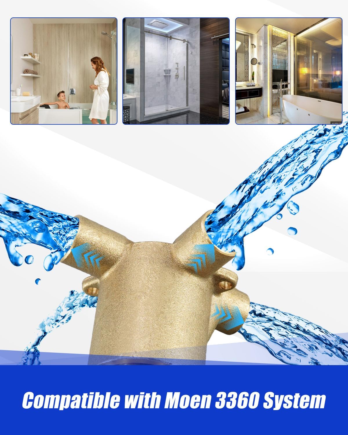 3-Function Shower Transfer Valve fit for Moen 3360 | Commercial 3 Way Diverter Shower Valves for Tub Shower Handheld Systems, 1/2" CC Connections, Brass