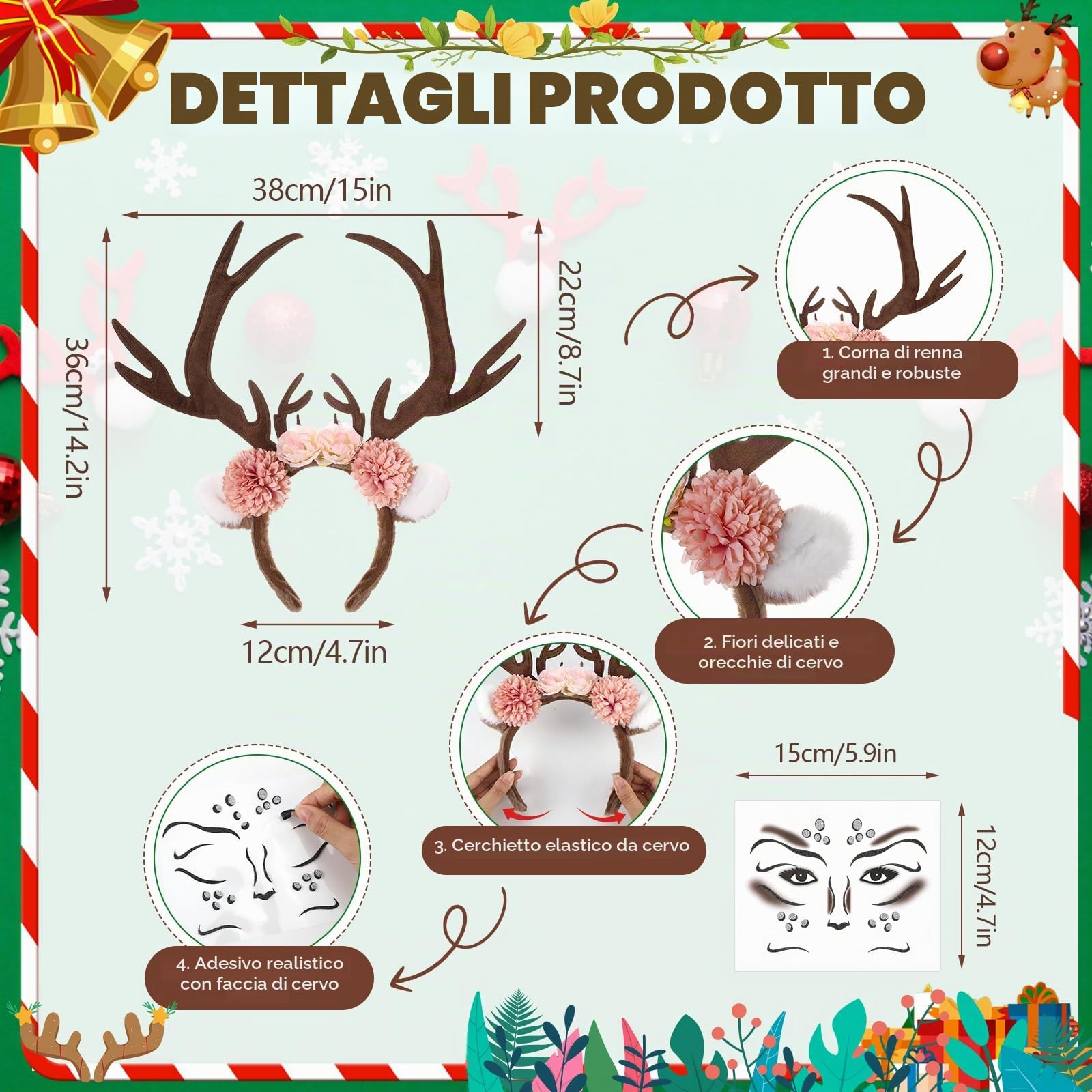 4 Pezzi Costume Renna Donna, Corna Cervo Cerchietto Renna Tatuaggi Temporanei Gonna Tulle Tutu Pinza Fiore, Costumi Natale Donna Costume Animale Adulto per Halloween Carnevale Natale Festa di Cosplay