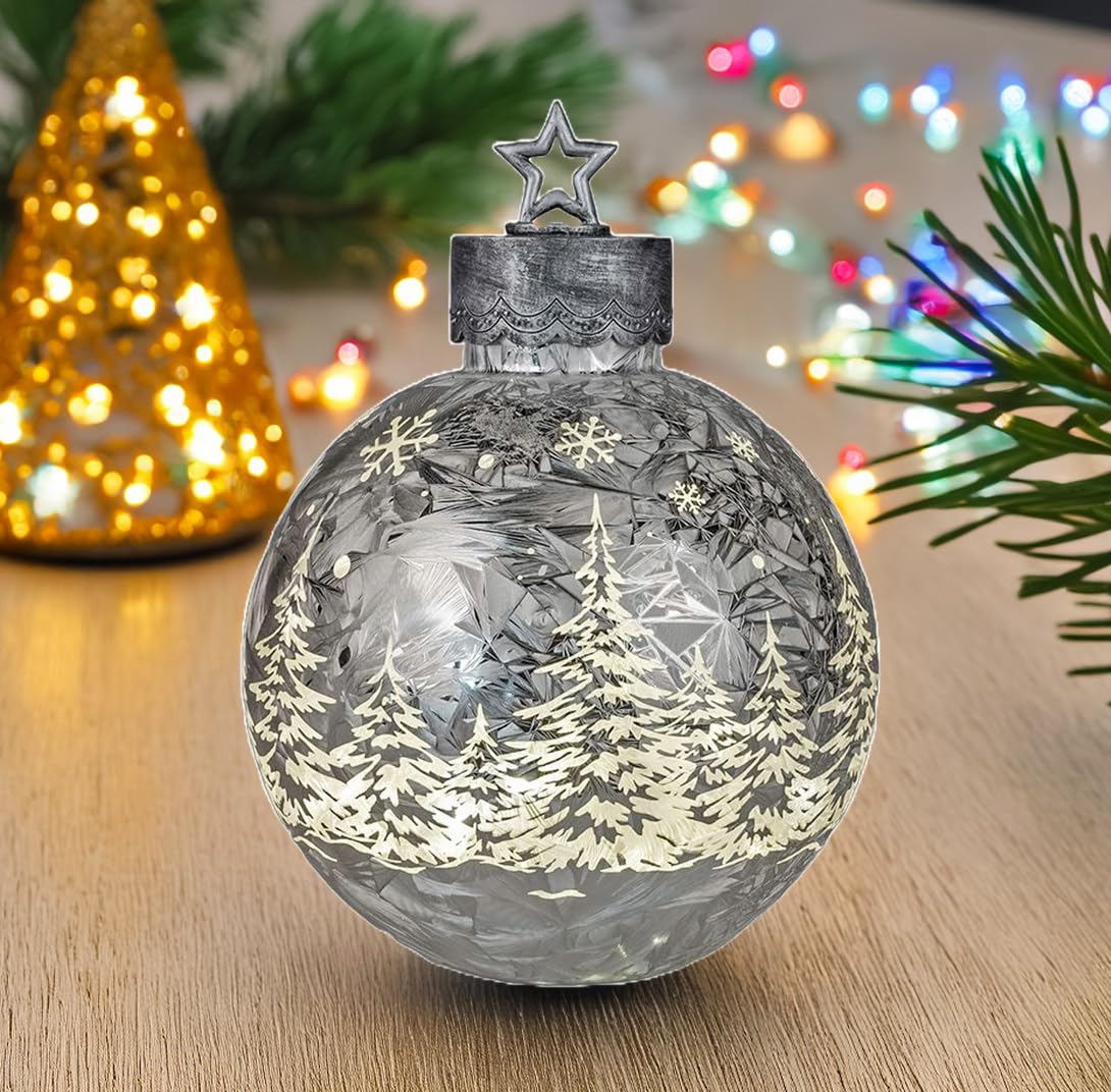 formano Deko-Kugel Silber- Frosty 29cm mit LED Licht Timer Beleuchtete Glaskugel - Weihnachtsdekoration Tisch Regal Deko-Kugel 6h/18h Timer Weihnachtskugel zum Stellen