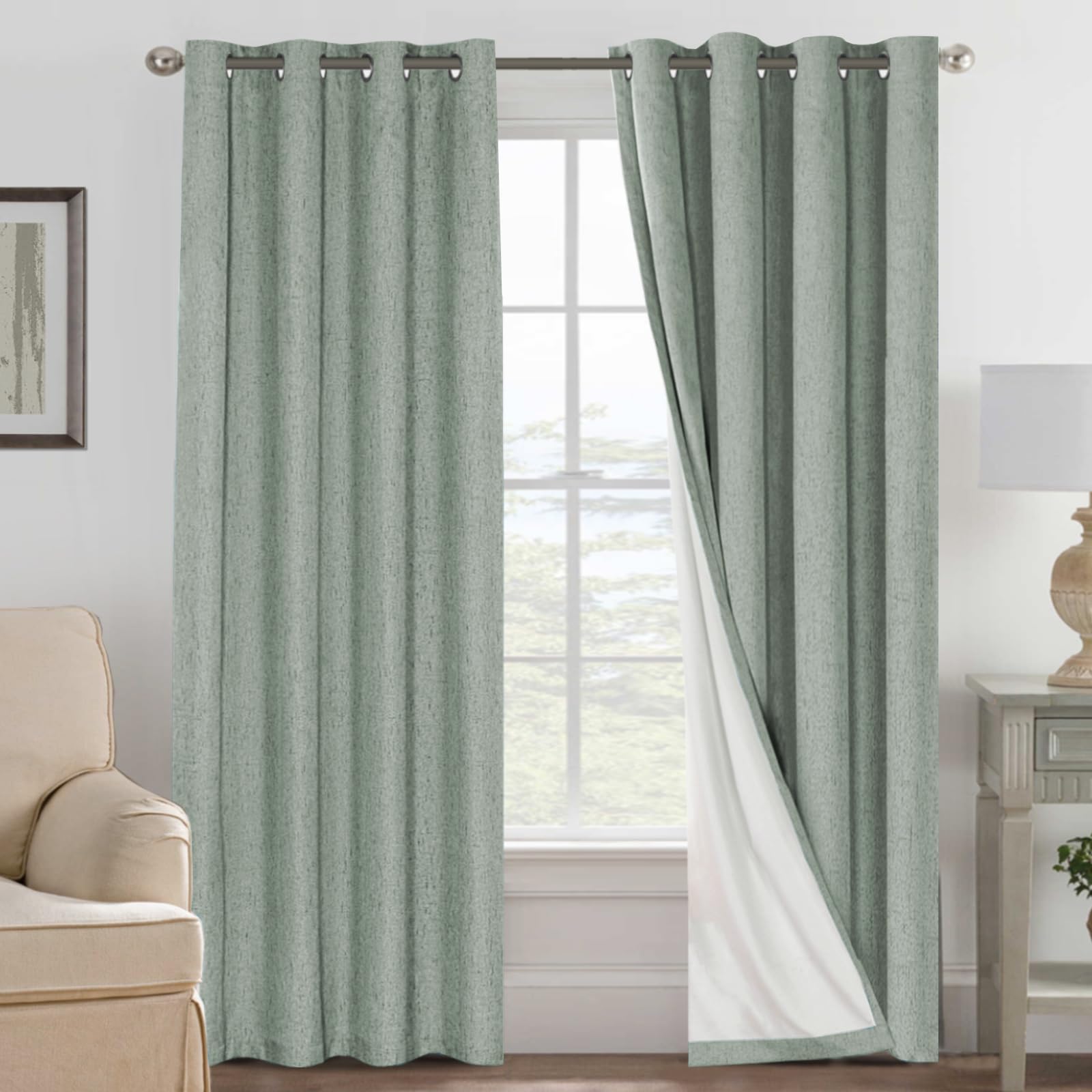 H.VERSAILTEX Linen Curtains 100% Blackout Curtains for Bedroom 90 inch Long Full Light Blocking Nature Linen Blended Window Curtains for Living Room Nickel Grommet (2 Panels, Green Bay)