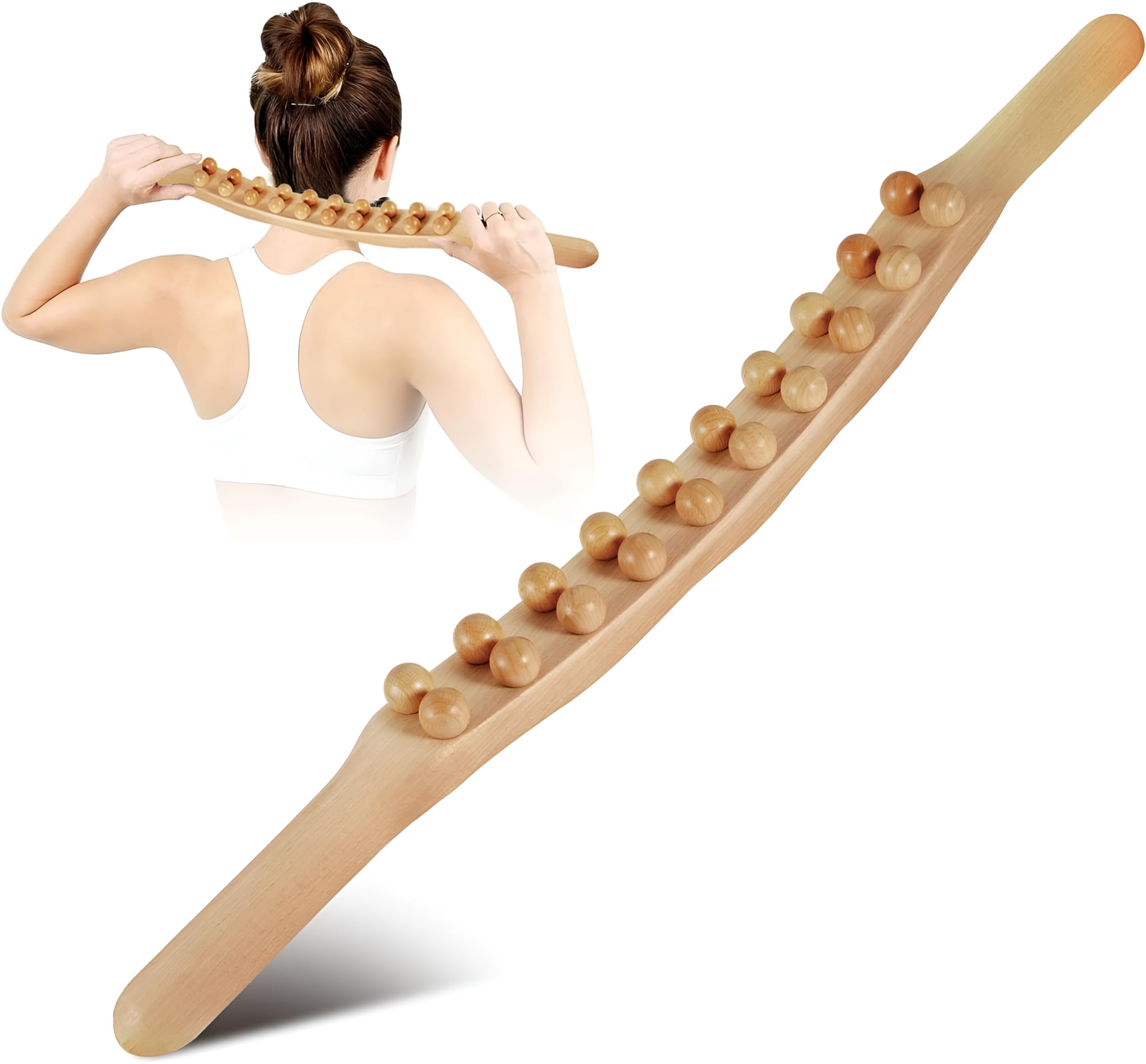 Alark Wood Therapy Massager Tools| 20 Beads Stomach Cellulite Massager| Ease Neck| Back| Waist| and Leg Hip Pain| Self Body Sculpting Wooden Stick| 2 in 1 Maderoterapia Tool Wand Relaxing(1pcs)