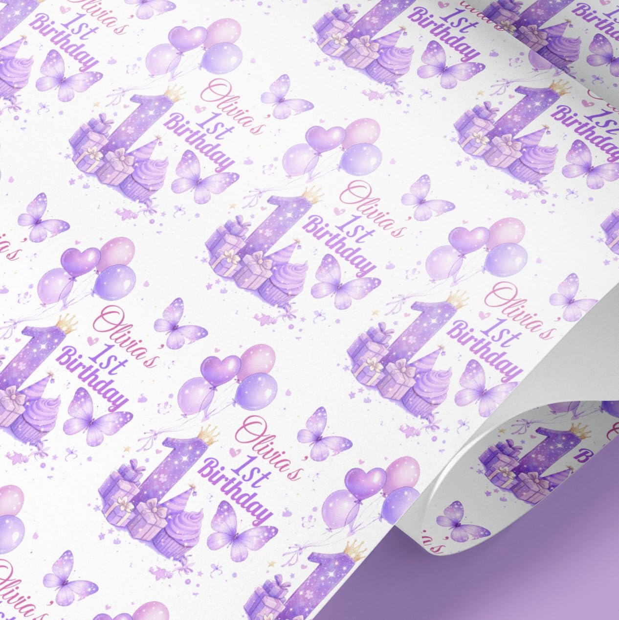 Personalised 1st Birthday Butterfly Wrapping Paper – Custom Name Birthday Gift Wrap, 100gsm Matte Finish, 61cm Wide, 1m–8m Continuous Roll, Printed in UK (3mt)