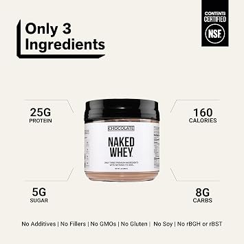 NAKED Chocolate Whey 1LB - All Natural Grass Fed Whey Protein Powder, Organic Cacao, and Coconut Sugar - NSF Certified, No GMO, No Soy, and Gluten Free, Aid Growth and Recovery - 12 Servings