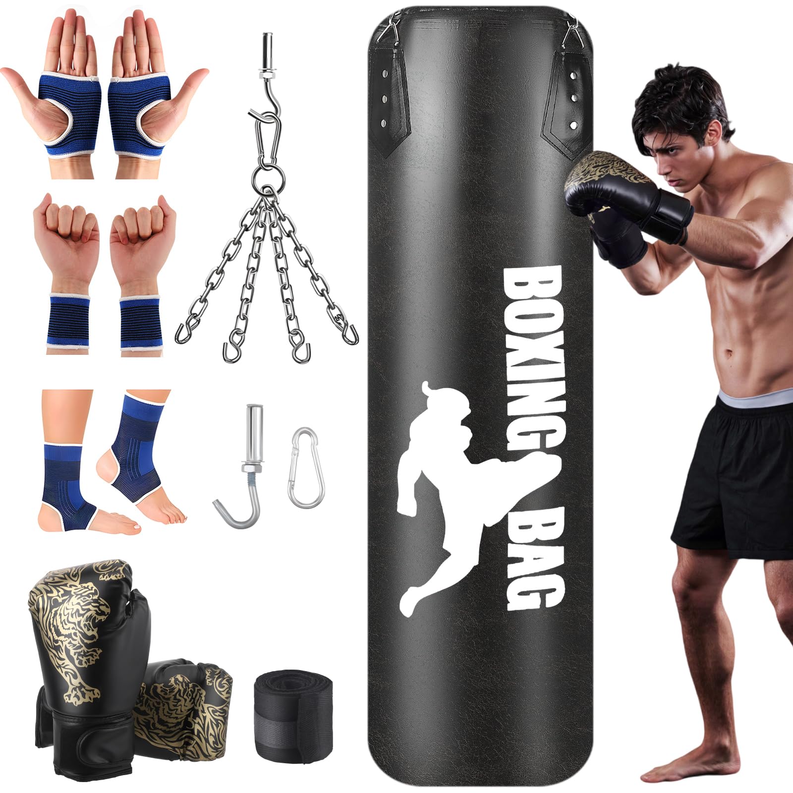 Heavy Punching Bag Hanging Set, 4FT Unfilled Boxing Bag for All Ages, Pro Training PU Leather Punch Bag with Gloves, Wristband, Hanging Chain for MMA Kickboxing Grappling Muay Thai Karate Home Fitness