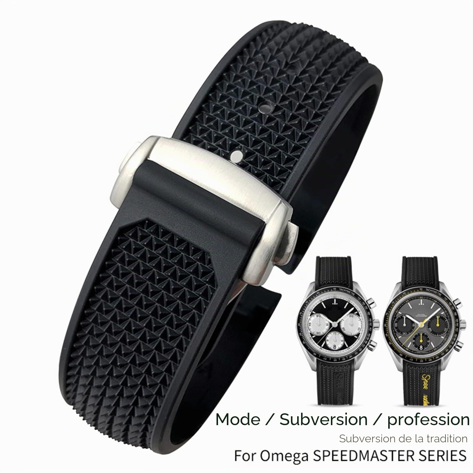 Pour Omega Speedmaster Bracelet de montre en acier inoxydable Boucle déployante 20 mm 21 mm 22 mm Bracelet de montre en caoutchouc silicone (couleur : noir, jaune, noir, taille : 21 mm)
