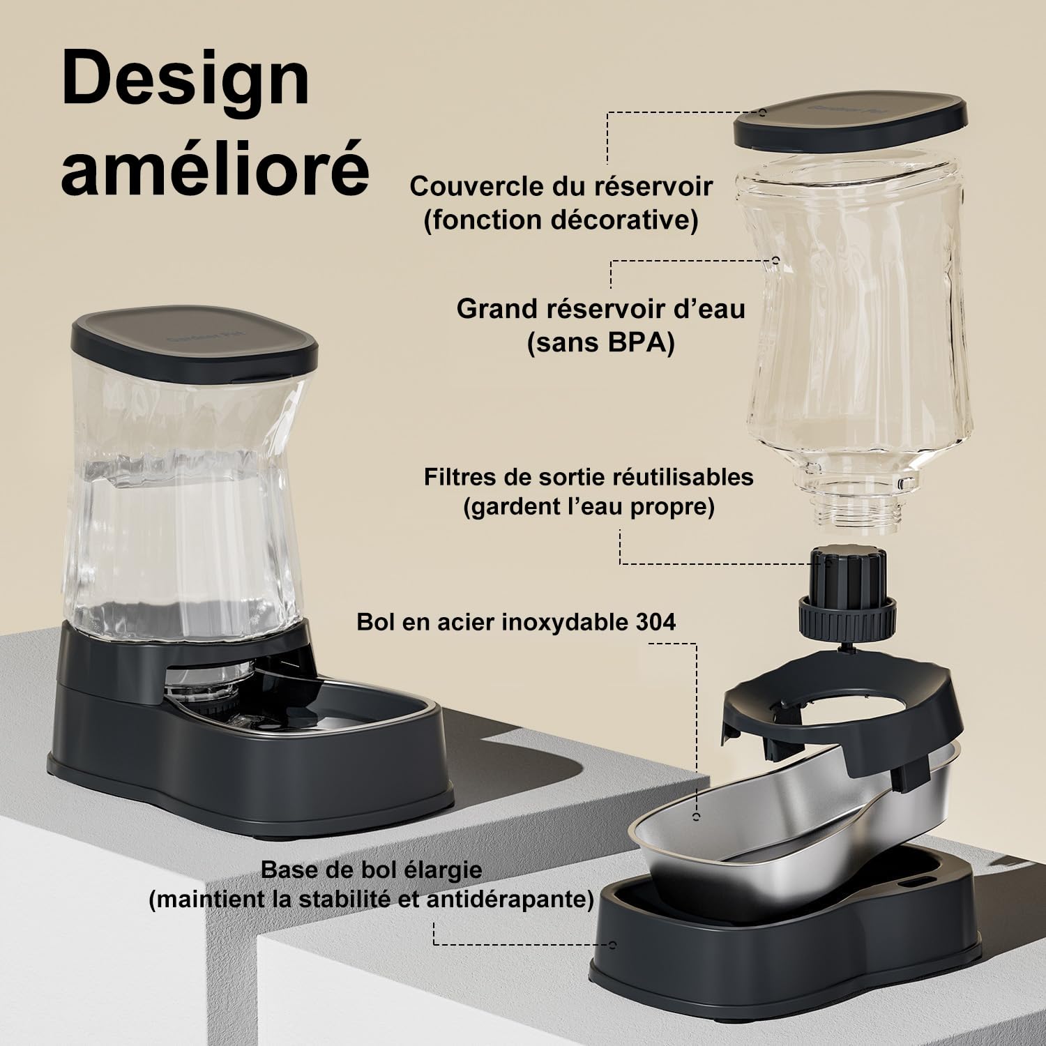 Gardner Pet 3.85L Distributeur Eau Chat Automatique, Gamelle Chat Automatique par Gravité, Distributeur Eau Chien avec Gamelle en Acier Inoxydable, Pas d'électricité, sans BPA (Gris)