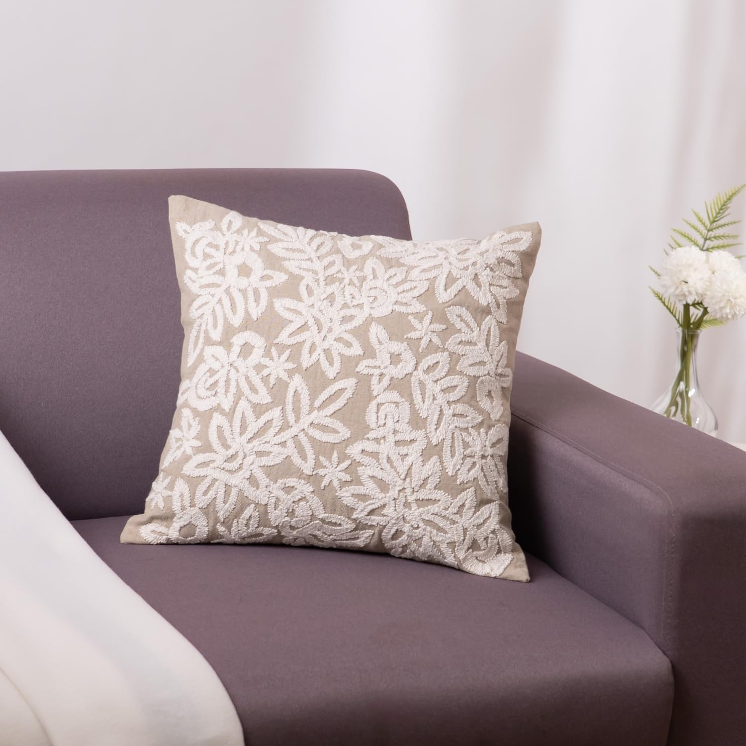 haus & kinder Decorative Embroidered Cushion Cover | Earthen Charm Throw Cushion Cover for Sofa, Living Room | Cotton Cushion Covers 16 Inch X 16 Inch