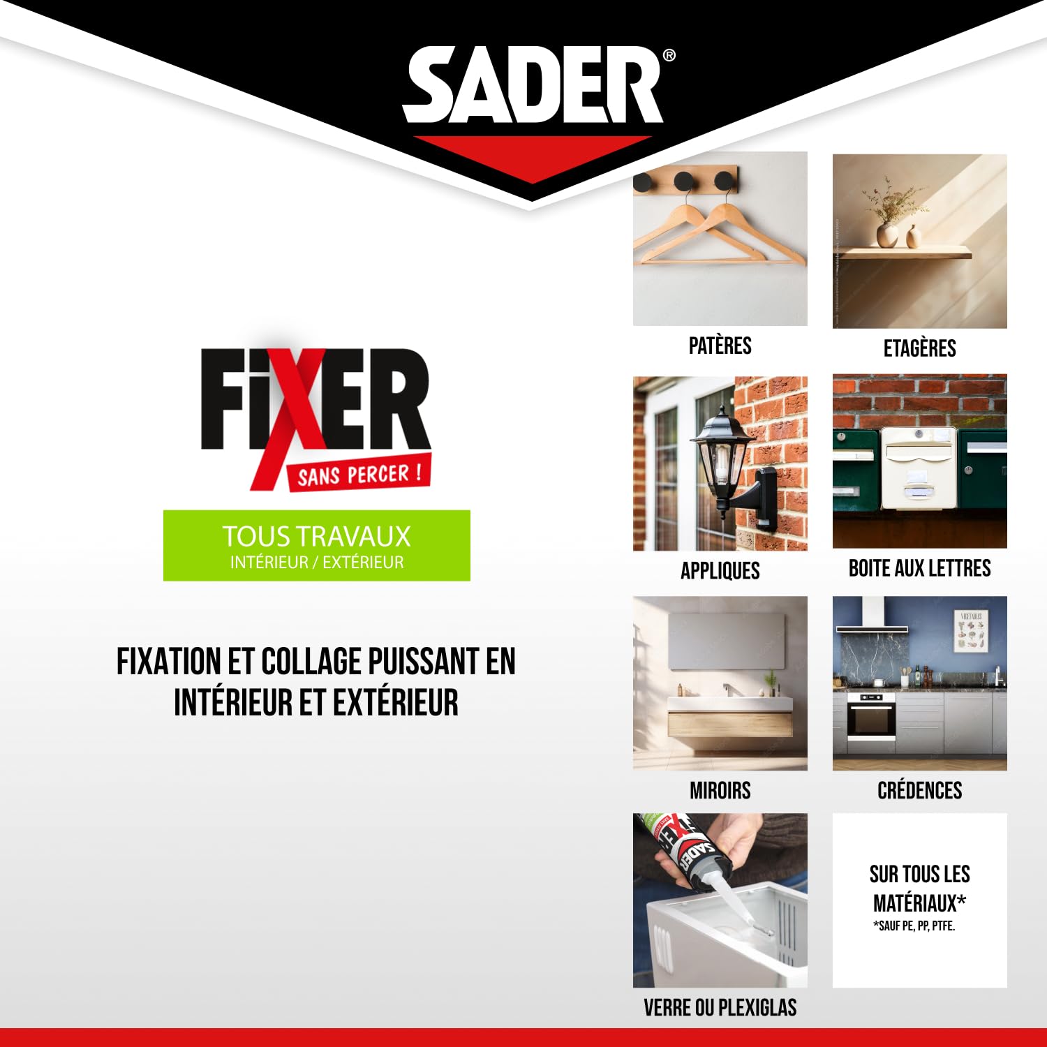 SADER FIJER Sin taladrar cualquier trabajo interior y exterior transparente – Masilla de pegamento híbrido, pegado potente, cualquier material, se puede pintar, tubo de 50 g