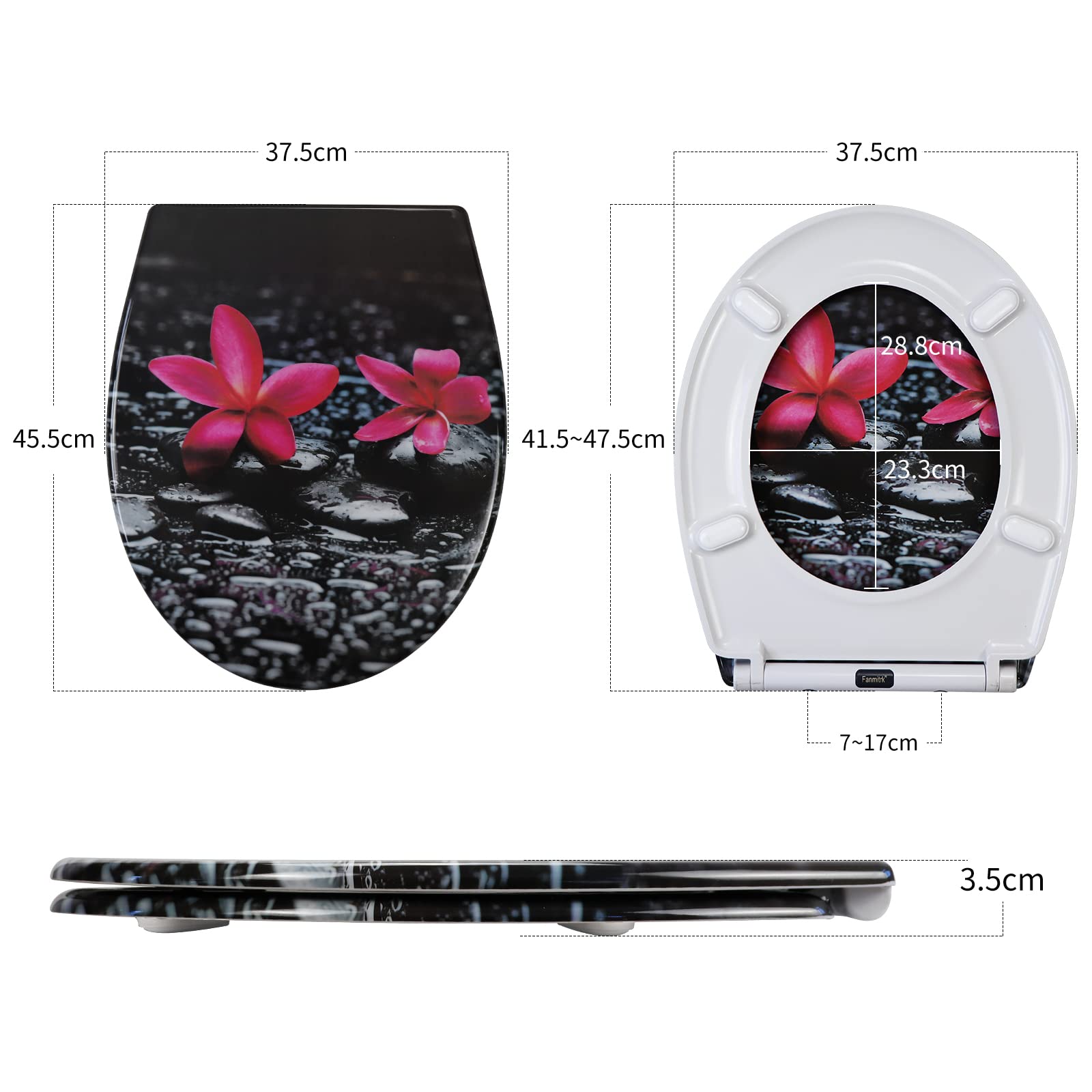 Fanmitrk Wc-bril van duroplast, toiletbril met softclose-mechanisme, met snelsluiting, te monteren van bovenaf, toiletbril met print, O-vormig (UF81904