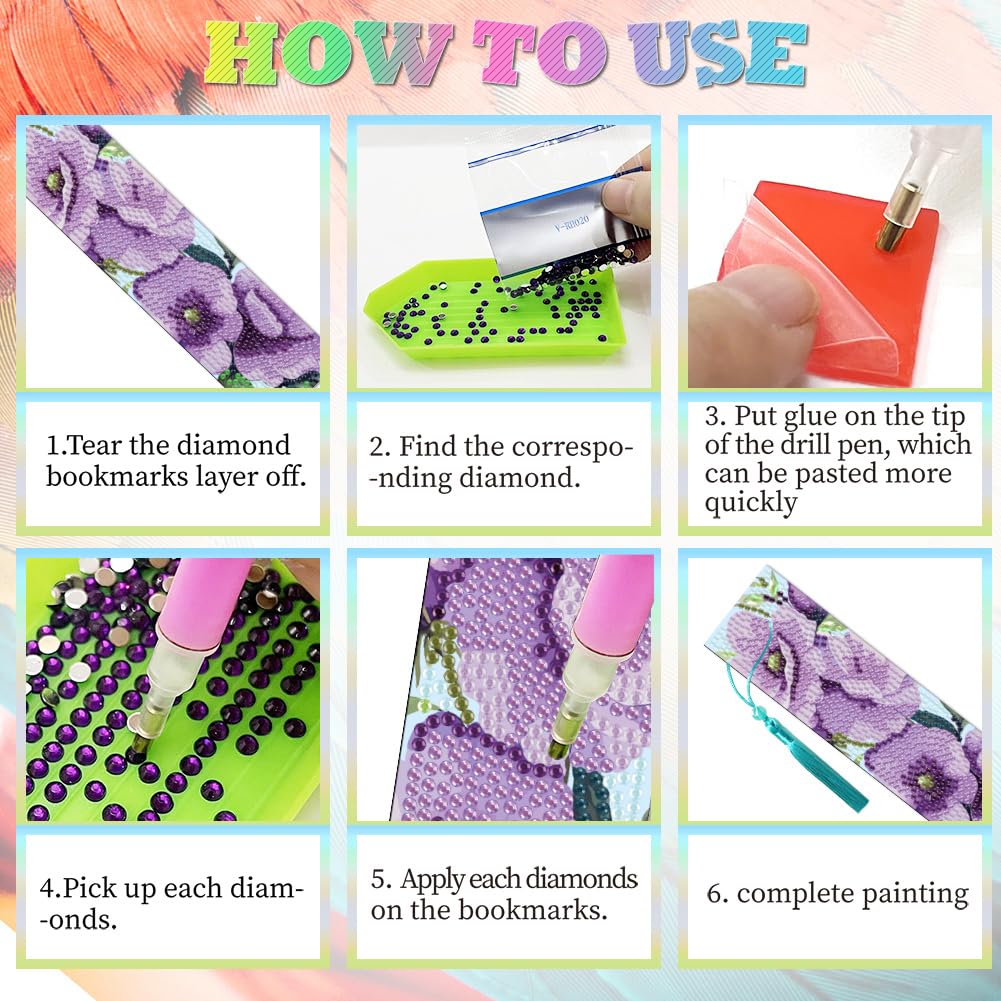 beinkmake 6Pcs Flower Butterfly 5D Diamond Art Bookmarks Sunflower Paeony Roses Floral Diamond DIY Painting Bookmarks Rhinestones Beaded Acrylic Tassel Bookmark for Adult Beginner Crafts - Image 4