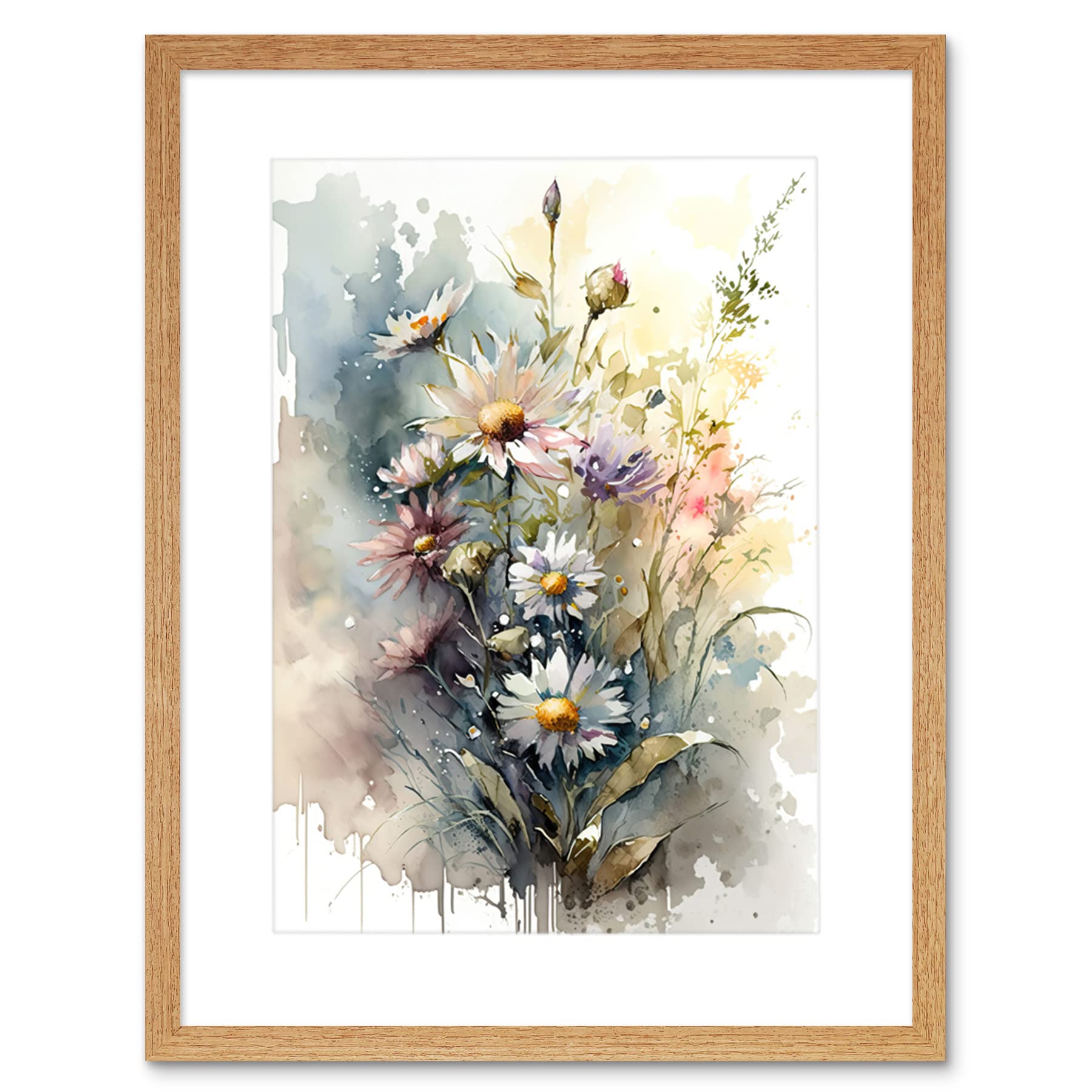 Artery8 Wild Flower Daisies in Bloom Modern Boho Watercolour Painting Artwork Framed Wall Art Print 9X7 Inch