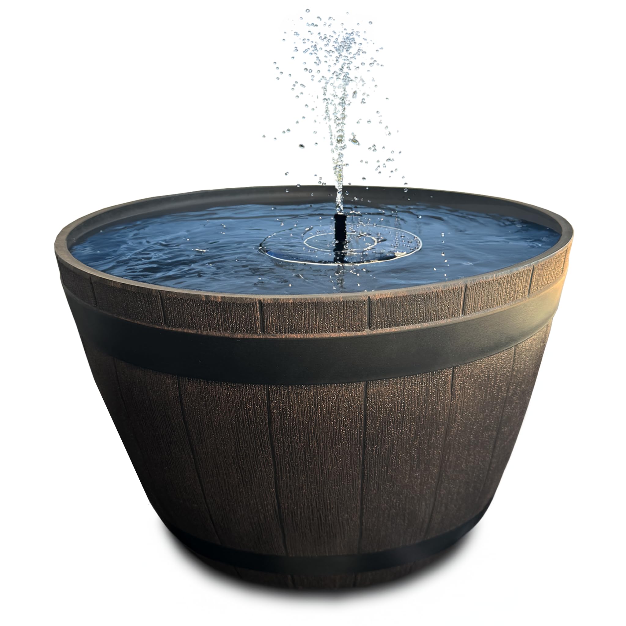 Matches21 Home & Hobby Wooden Barrel Look, Brown Solar Fountain Set For Outdoor Use – 51 X 36 Cm Wooden Barrel Look Decorative Bowl Brown And Floating Solar Fountain Fountain – Outdoor Water Feature Garden Fountain As Balcony Bird Bath Bird Bath