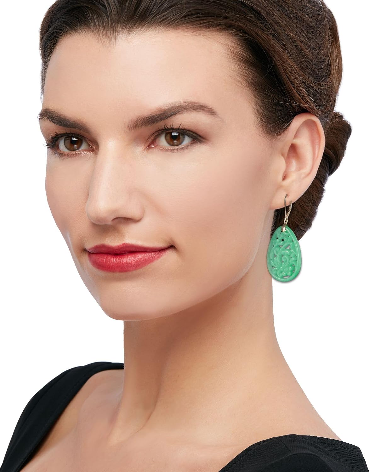 Ross-Simons Carved Jade Floral Drop Earrings in 14kt Yellow Gold