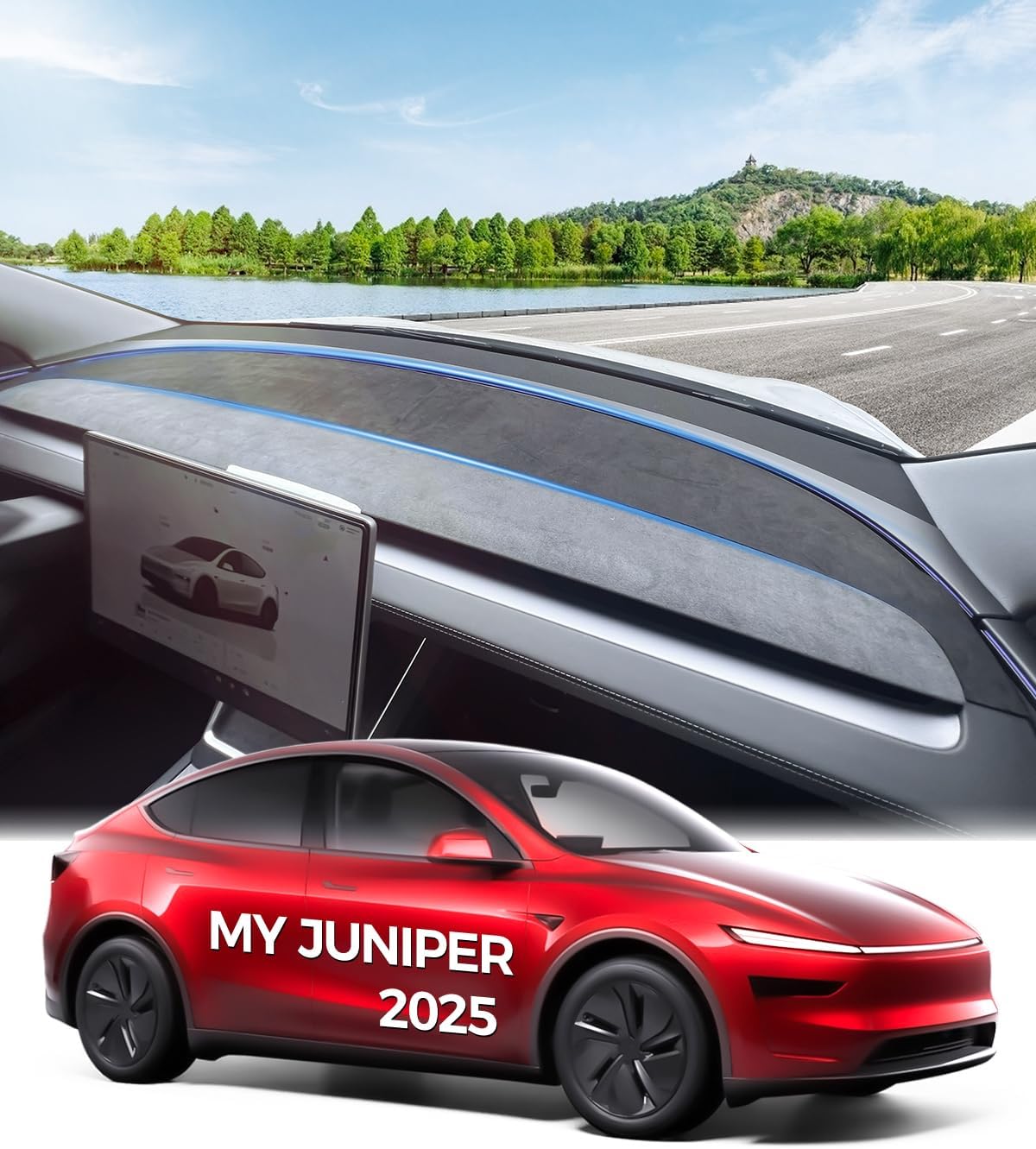 Dashboard Cover for Tesla Model Y Juniper & Model 3 Highland (2024–2025), Anti-Glare Suede Dash Mat, Custom Fit Sunshield Dash Protector,Interior Accessories (for New Model Y (Juniper) 2025)