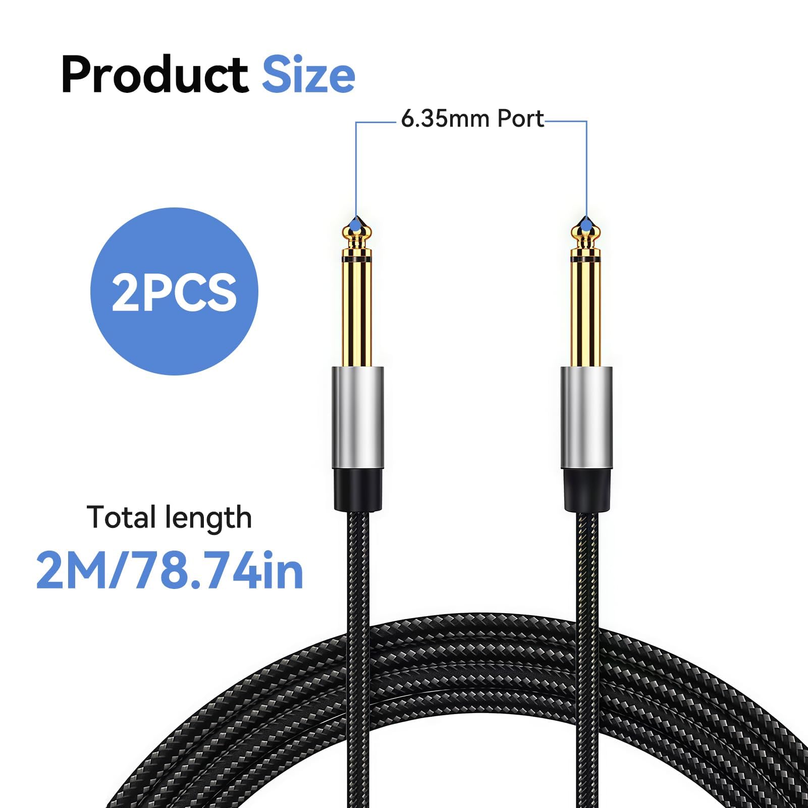 2 Pack Guitar Cables, 1/4 Inch Instrument Cable With 6.35mm Straight Ts Jack - Image 3