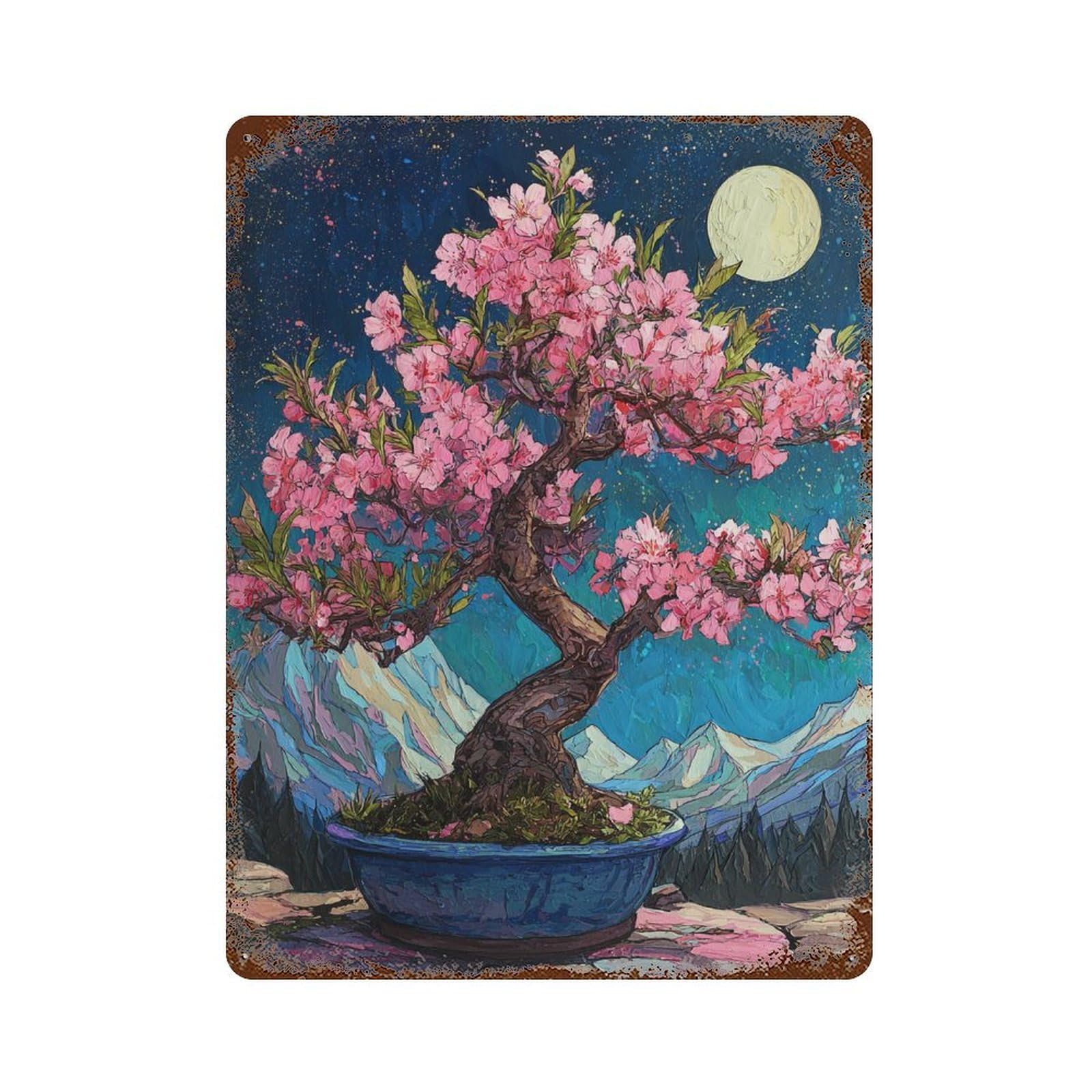 Cherry Blossom Bonsai Night Scene Rusty Metal Tin Sign 15.7"x11.8", Ideal for Farmhouse, Kitchen And Entryway Decor
