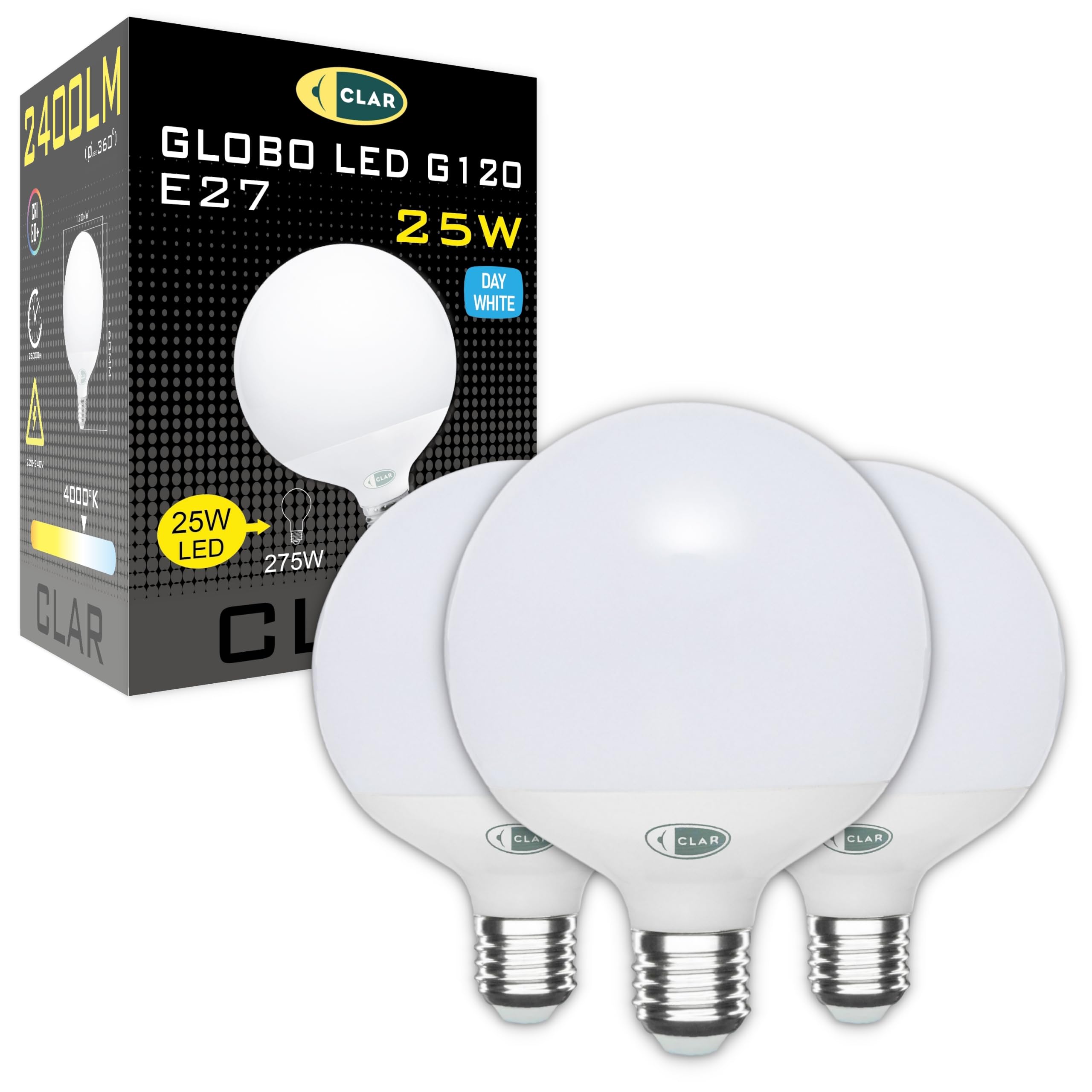 CLAR - Ampoule Globe E27 LED, Ampoule Decorative, Ampoules LED en forme de Globe G120, Not Dimmable, Blanc Neutre 4000ºK 20W (Pack 1)