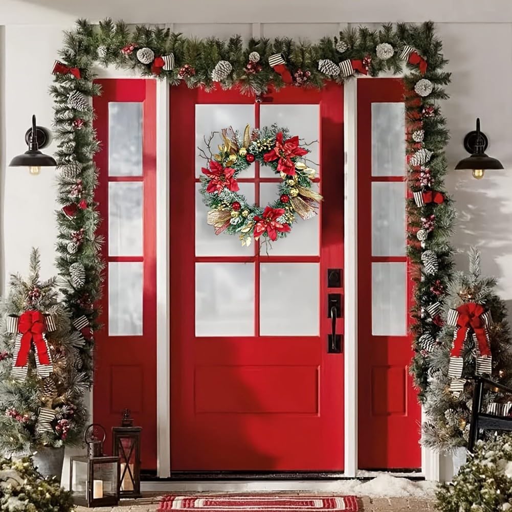 Couronne de Noël lumineuse de 40,6 cm avec poinsettia rouge et pommes de pin dorées à paillettes pour décoration de porte, mur, cheminée