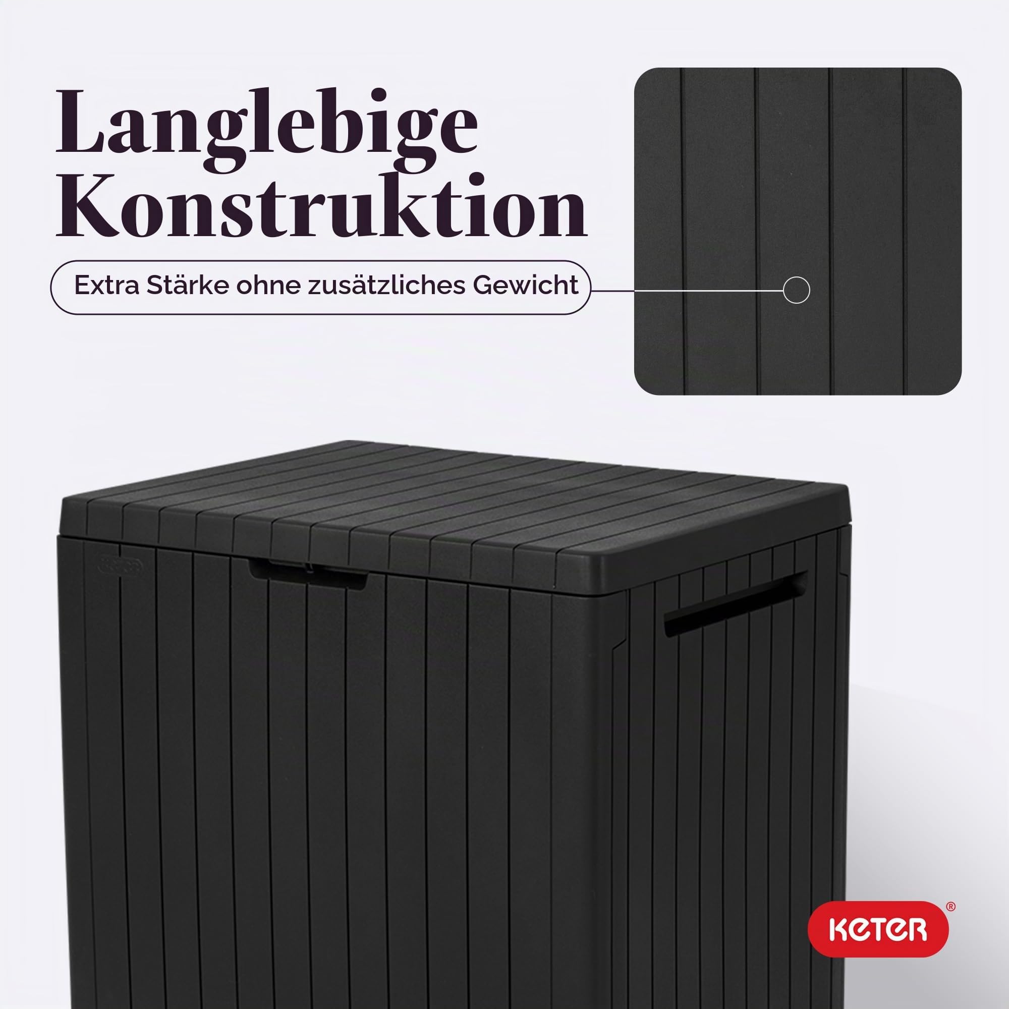 Keter City Aufbewahrungsbox und Terrassenmöbel, Beistelltisch für Pool und Gartenzubehör, aus Kunstharz, 30 Gallonen, Dunkelgrau