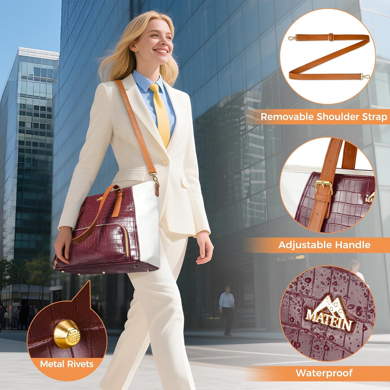 MATEIN Laptop Tote Bag with Lunch Compartment Detachable, 15.6 Inch Insulated Work Tote Bag for Women PU Leather Work Purse with Lunch Compartment, Computer Handbag Commute Office - Image 7