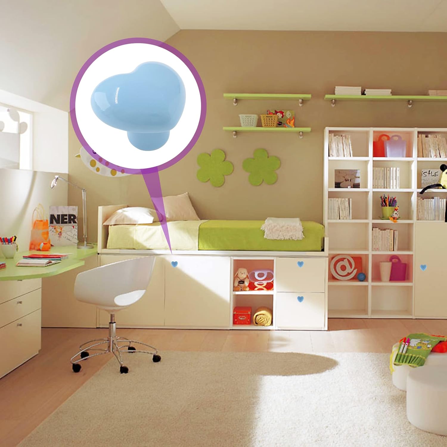 2pcs Ceramic Cabinet Knobs Blue Heart Shaped Drawer Pulls, Cute Kitchen Handles, Small Vanity Hardware for Dresser, Closet, Cupboard - Kids Girls Children's Bedroom