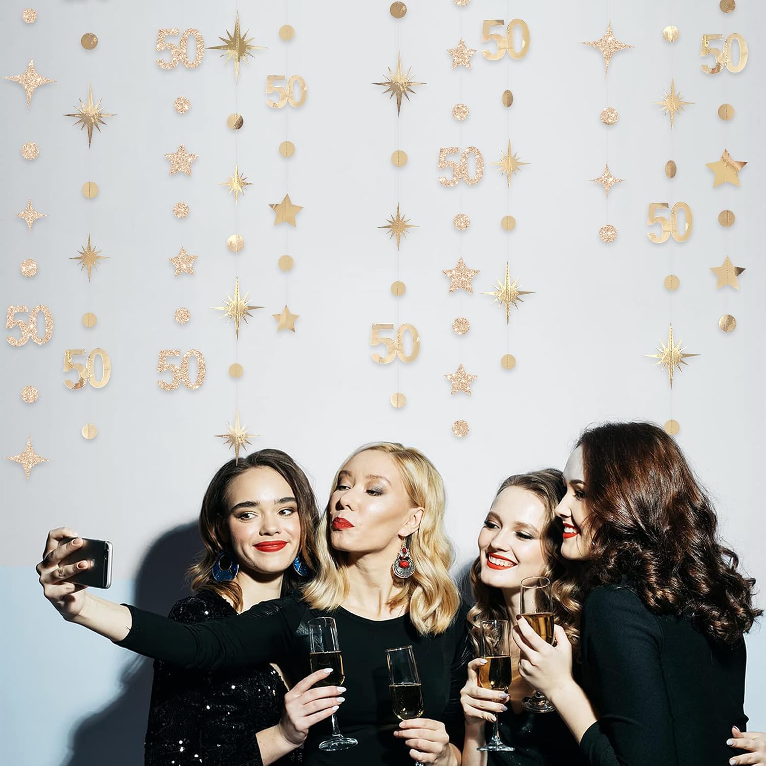 Champagne Gold 50th Birthday Decorations Number 50 Circle Dot Star Garland Metallic Streamer Banner for Women Mens Cheers to 50 Years Old Birthday Happy 50th Anniversary Vintage 1975 Party Supplies