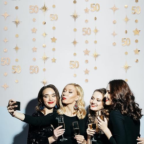 Miniatura 21 de Decoraciones negras de cumpleaños número 50, guirnalda de estrellas centelleantes con el número 50, guirnalda metálica para colgar en banderines