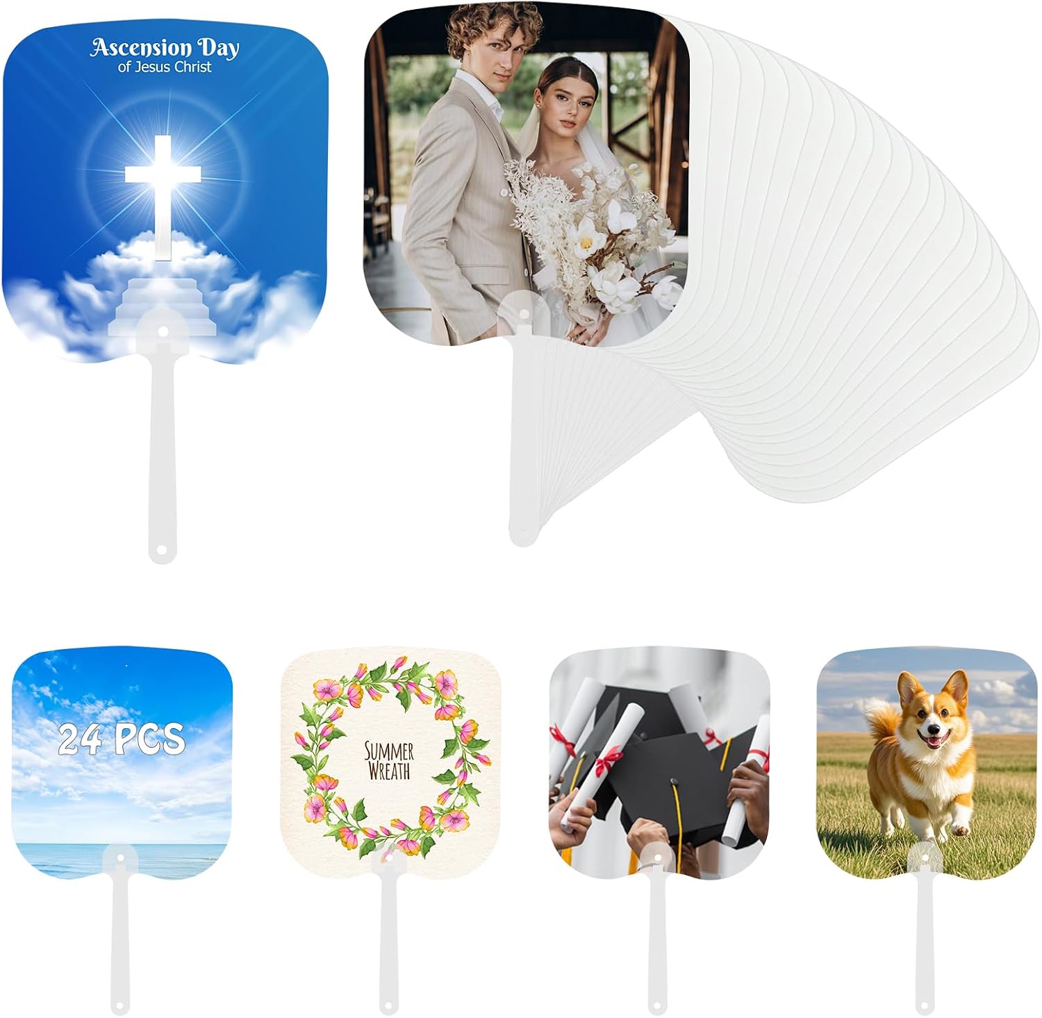 24 Pcs Sublimation Wedding Fans Blank, Double-Sided DIY Sublimation Hand Fans for Church Parties & Graduation Party Favors & Wedding Fan for Guests
