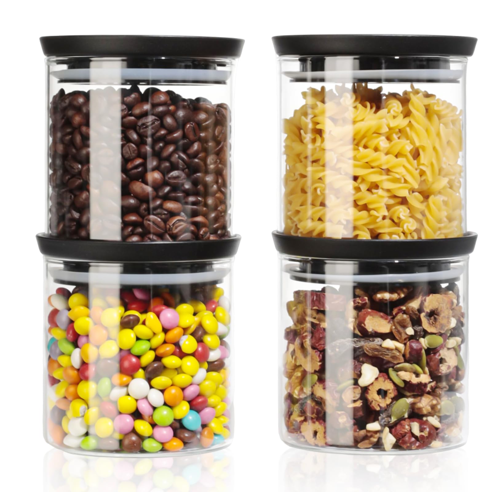 Romon Barattolo Vetro Con Coperchio, Set Di 4 (600ml Ciascuno), Trasparente impilabile, Contenitore Ermetico per Alimenti per conservare cereali, biscotti, pasta e caffè in grani