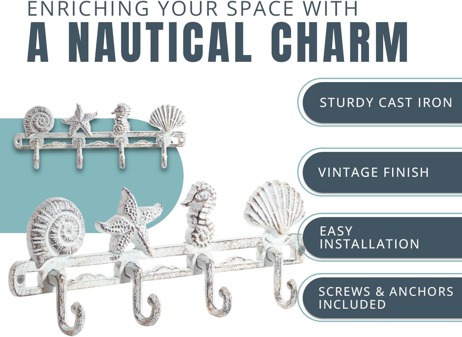 Comfify Vintage Seashell Coat Hook Hanger Rustic Cast Iron Wall Hanger w/4 Decorative Hooks - Includes Screws and Anchors - Beach House Decor - Antique White - Image 2
