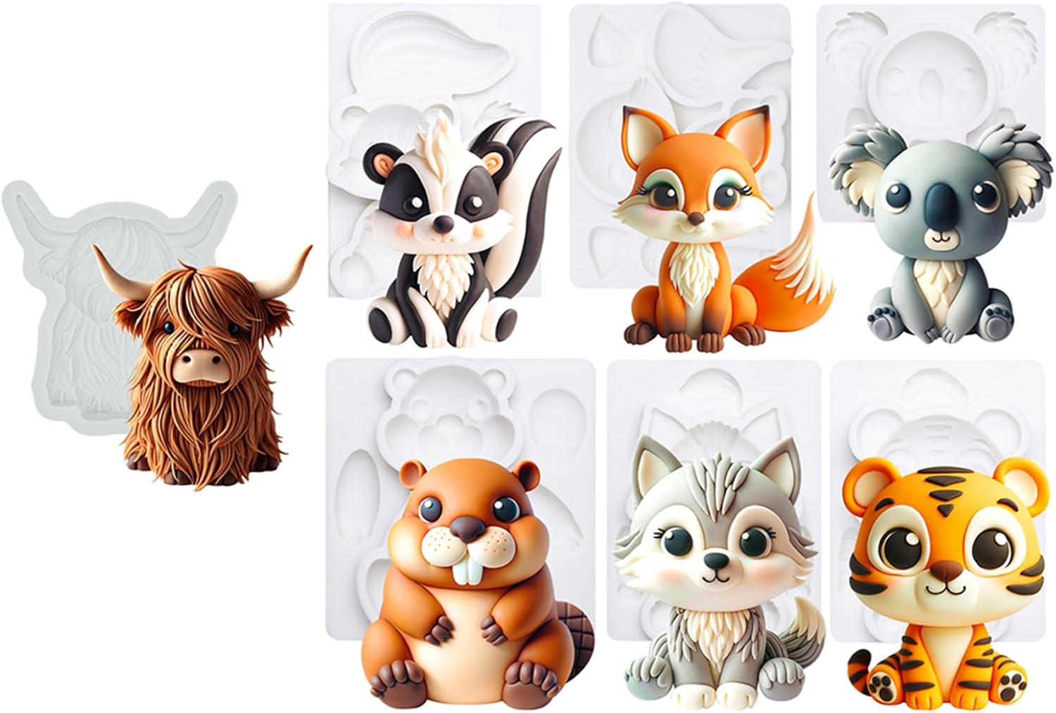 Highland Cow & Woodland Animal Cake Topper Molds – 3D Fondant Molds for Farm and Forest Party Decorations, Resin Craft, and Cake Toppers