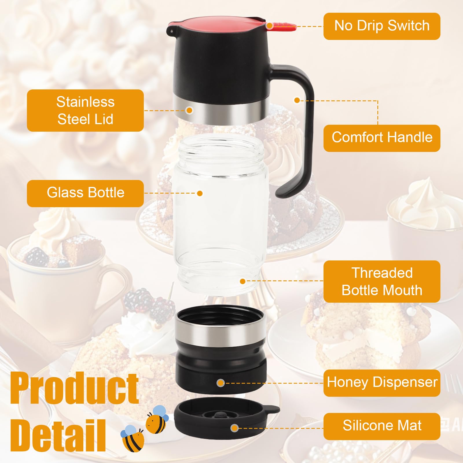 Honingdispenser glas, honingglazen 315 ml, honingpot met handvat