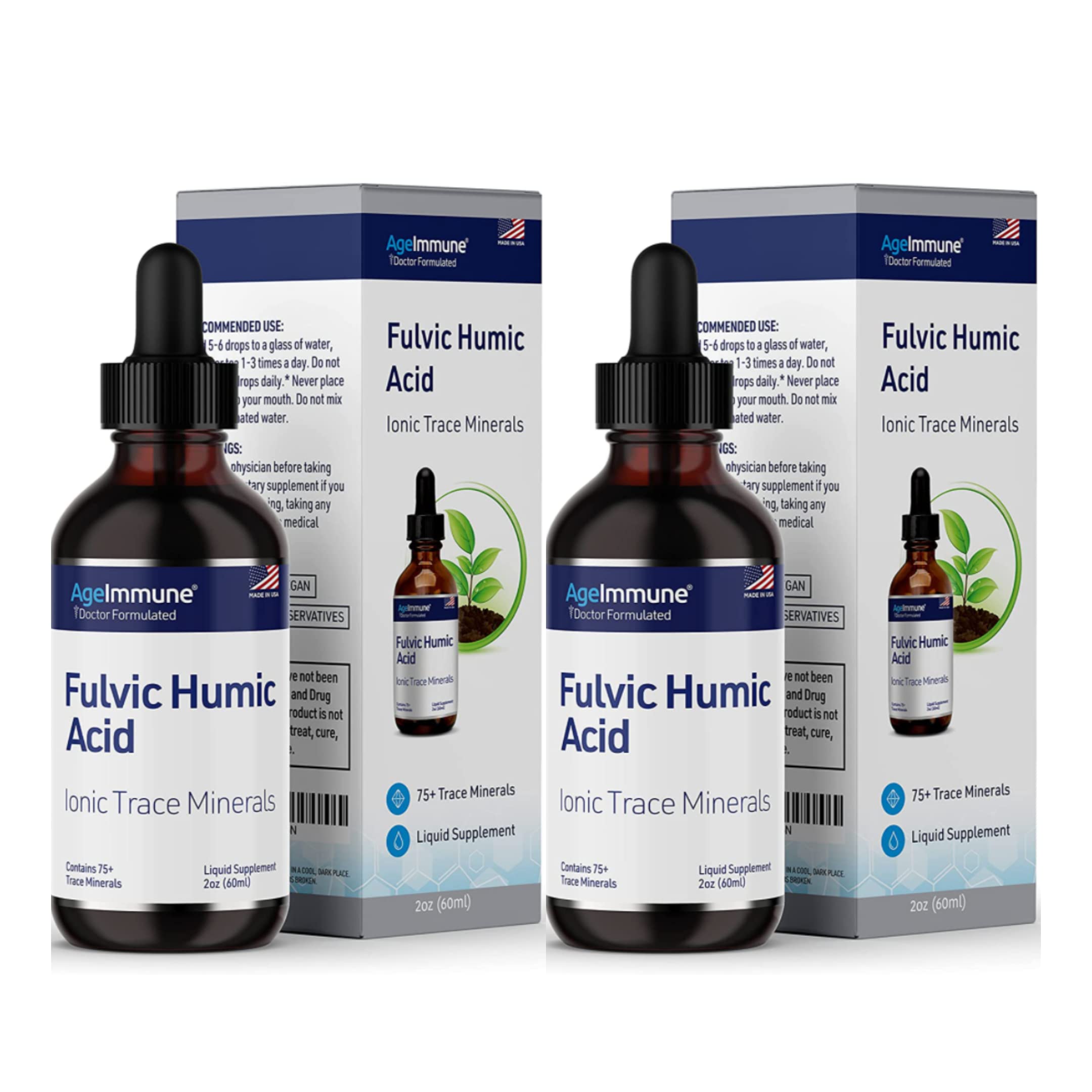 Fulvic Humic Acid 75 + Trace Minerals Liquid Supplement - Plant Derived in USA - Fulvic Acid Minerals Concentrate for Energy, Gut Health and Hydration- 1 gram per Serving - 2 oz. 2 Bottles.
