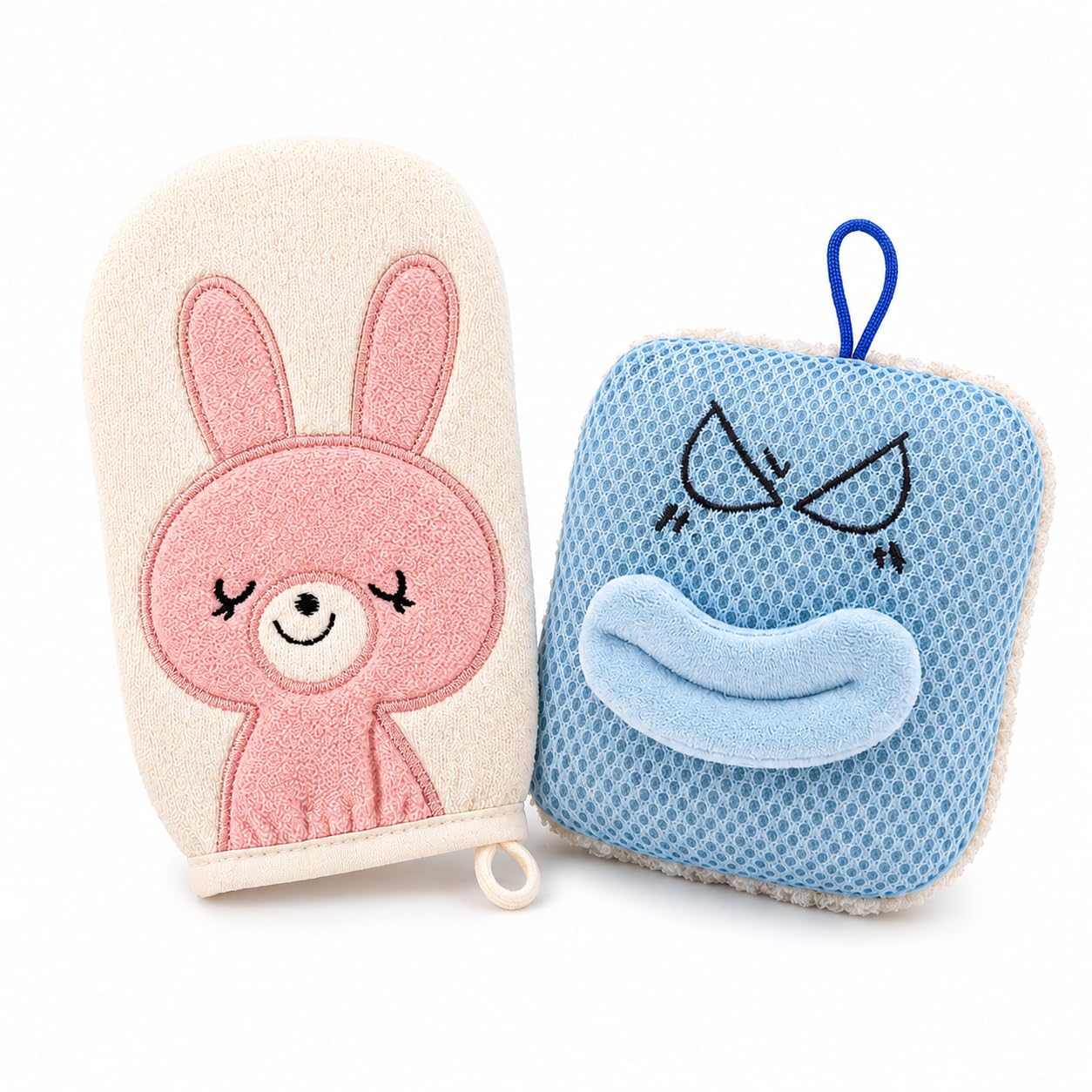 Cute Bunny Bath Glove and Square Cartoon Face Bath Loofah Combo | Soft Mesh Exfoliating Sponge Scrubber for Shower & Bath | Reusable Body Cleaning Accessories with Hanging Loop | Pack of 2-image-22
