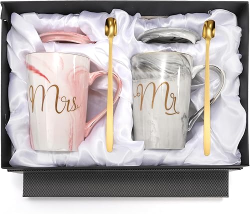 Yesland Tazas de café de 13.5 onzas, regalos de boda para pareja/novia y novio, tazas de mármol de cerámica para despedida de soltera, compromiso,
