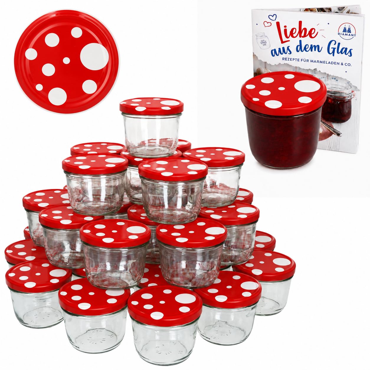 MamboCat 100er Set Sturzglas 230 ml To 82 Fliegenpilz Deckel rot weiß gepunktet incl. Diamant Gelierzauber Rezeptheft Marmeladenglas Einmachglas Einweckglas