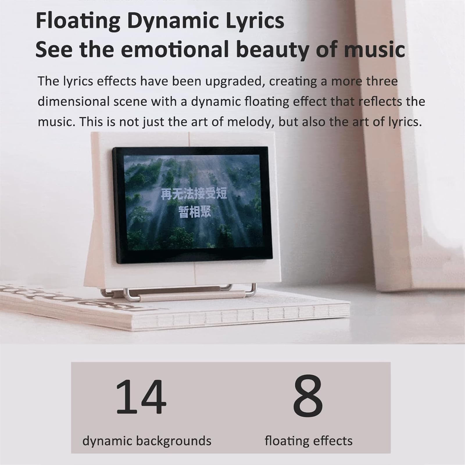 Altoparlante Bluetooth con display con testo fluttuante, audio HIFI, 14 sfondi dinamici, 8 effetti fluttuanti, Bluetooth 5.3, ideale per camera da letto o scrivania