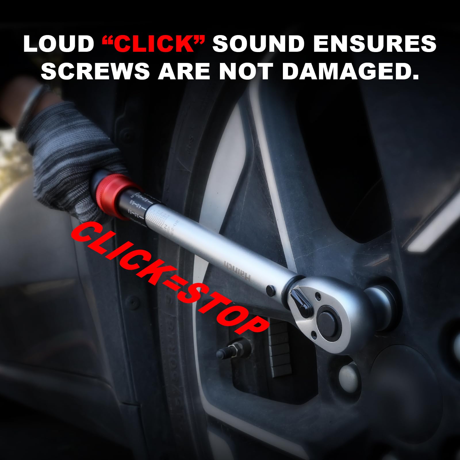 Hairich Drehmomentschlüssel 1/2 Zoll für Auto, 20–230 Nm, Torque Wrench 5-tlg. Set mit Verlängerung & Stecknüssen (17/19/21 mm) – für Reifenwechsel & Motorrad - 4